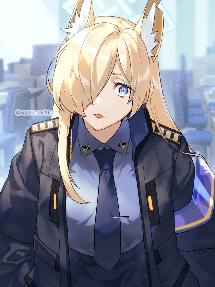 1girl :&lt; :p animal_ear_fluff animal_ears armband blonde_hair blue_archive blue_eyes blue_halo blue_necktie blue_shirt blurry blurry_background collared_shirt cowboy_shot dog_ears extra_ears fang hair_over_one_eye halo jacket kanna_(blue_archive) long_bangs long_hair looking_at_viewer natsumachisan necktie notched_ear open_clothes open_jacket parted_bangs pencil_skirt shirt shirt_tucked_in skin_fang skirt solo tie_clip tongue tongue_out twitter_username