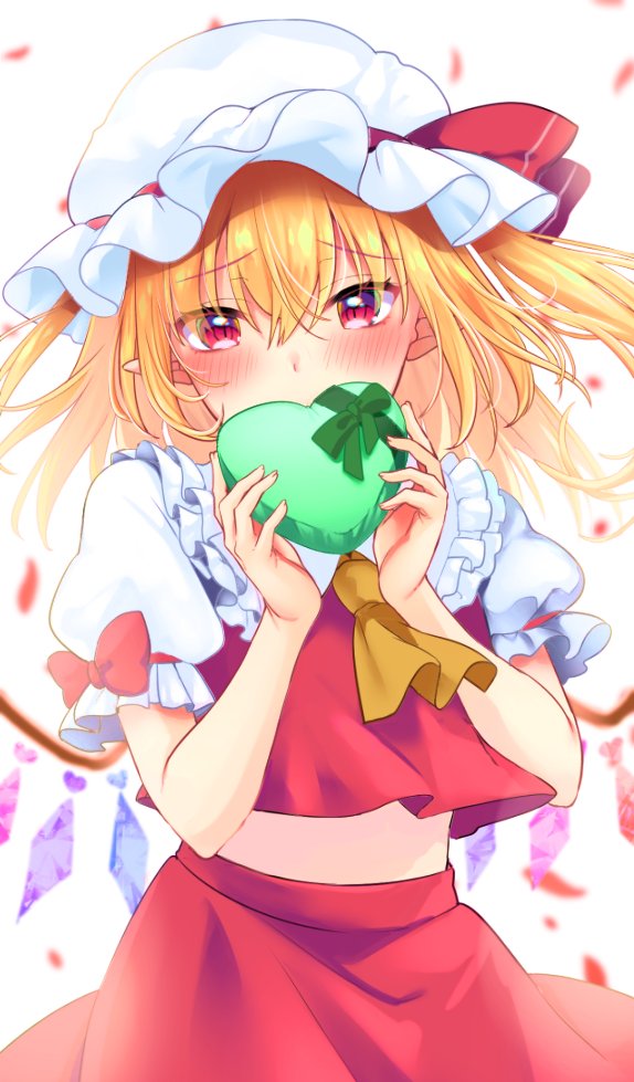 1girl ascot blonde_hair blush bow box commentary covered_mouth cowboy_shot crossed_bangs crystal eyelashes eyes_visible_through_hair flandre_scarlet floating_hair frilled_shirt_collar frills gift hair_between_eyes hands_up hat heart-shaped_box holding holding_gift looking_at_viewer medium_hair mob_cap pointy_ears puffy_short_sleeves puffy_sleeves red_bow red_eyes red_skirt red_vest rimu_(kingyo_origin) shirt short_sleeves shy side_ponytail simple_background skirt solo touhou tsurime valentine vest white_background white_headwear white_shirt wings yellow_ascot