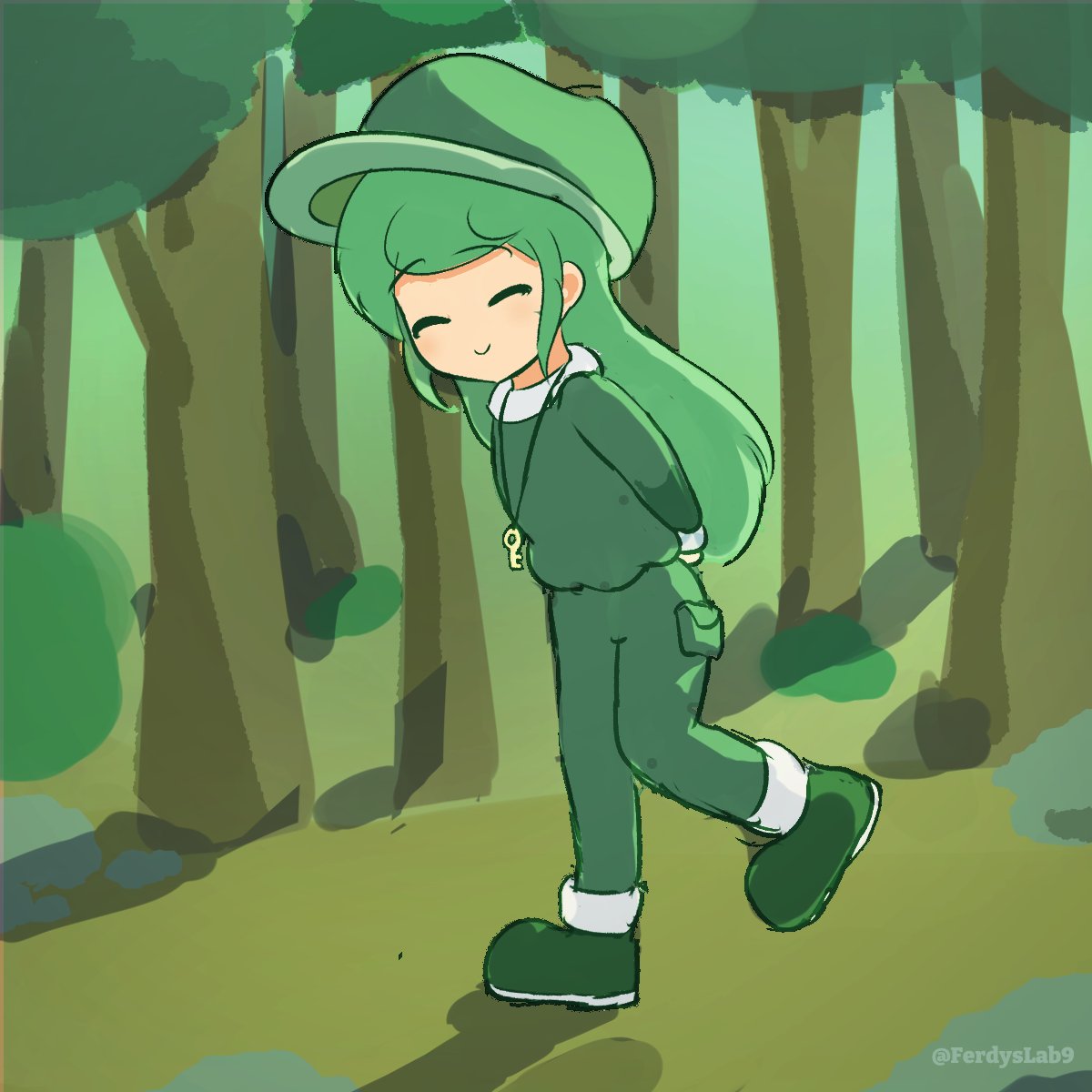 closed_eyes ferdy's_lab forest green_pants green_shirt hat highres light_smile long_hair long_sleeves nature pants shirt touhou unconnected_marketeers yamashiro_takane