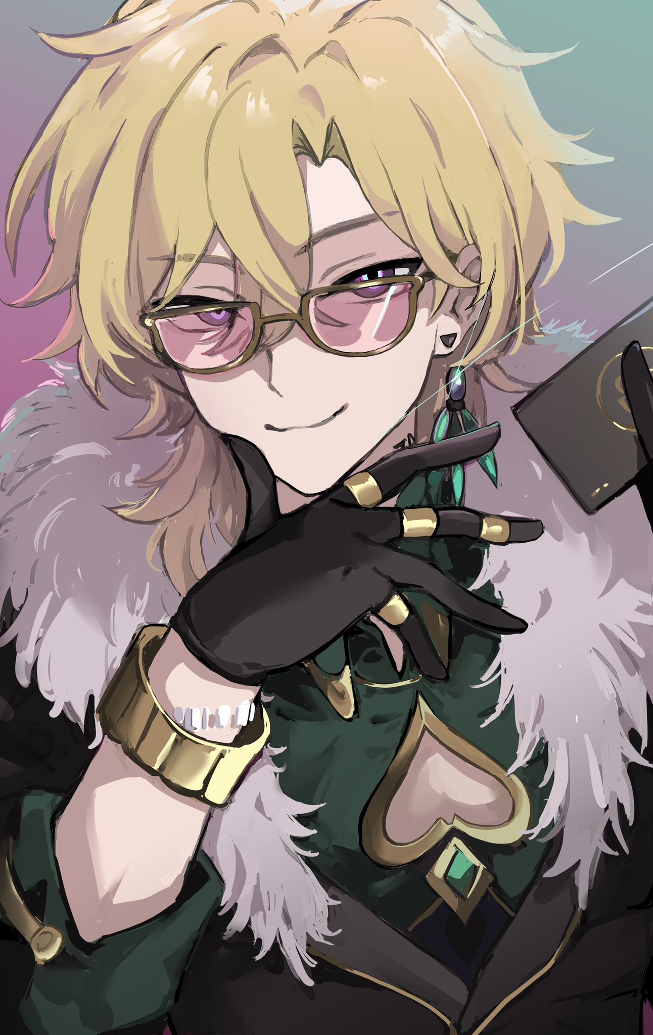 1boy aventurine_(honkai:_star_rail) awe_(adorableduckyy) black_gloves blonde_hair card closed_mouth commentary earrings fur_trim glasses gloves hair_between_eyes highres holding holding_card honkai:_star_rail honkai_(series) jewelry looking_at_viewer male_focus pectoral_cleavage pectorals ring smile solo symbol-only_commentary upper_body