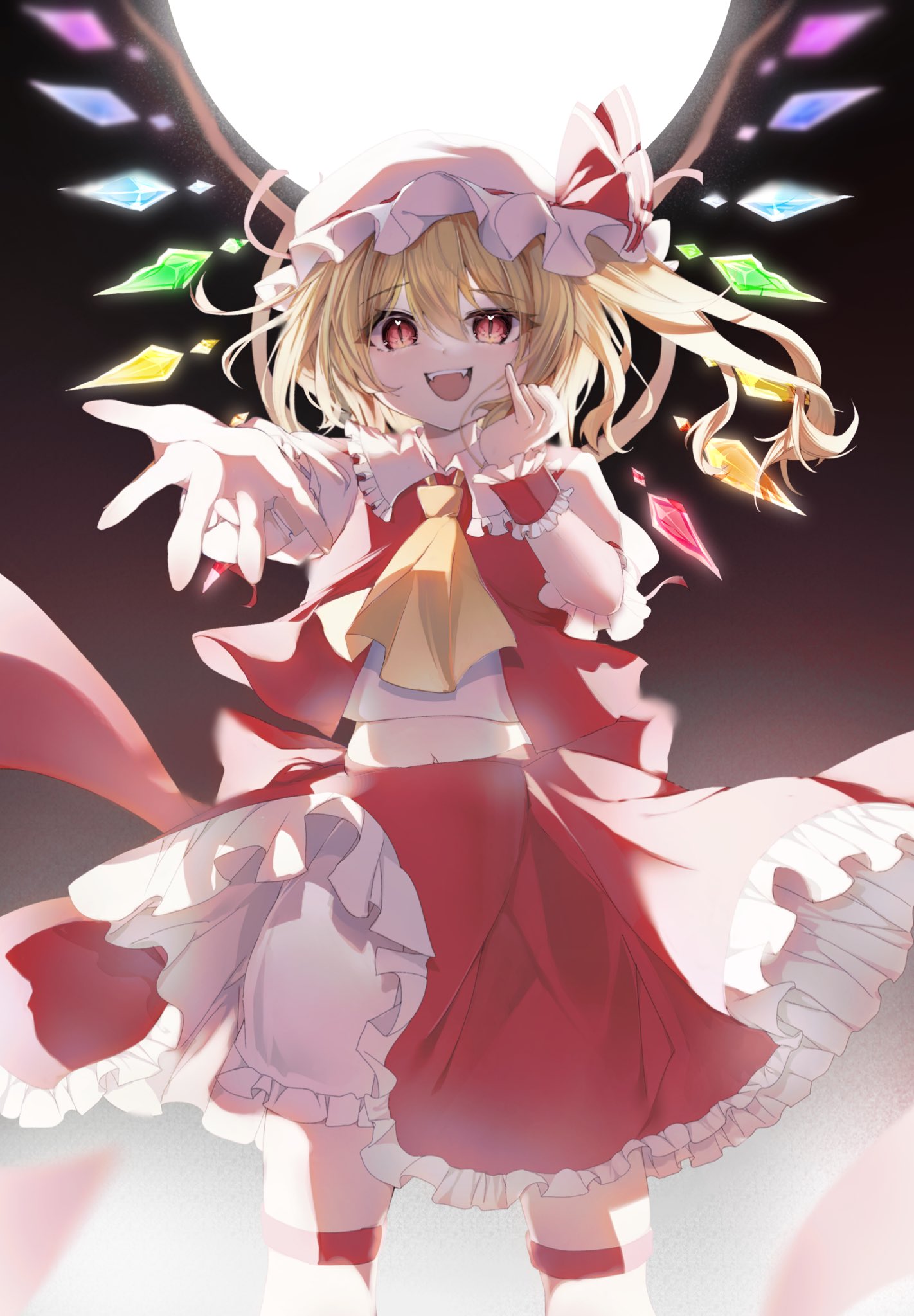 1girl adapted_costume ascot blonde_hair bloomers bow collar cowboy_shot crystal_wings flandre_scarlet frilled_collar frilled_skirt frills full_moon hat hat_bow hayuk0 highres light looking_at_viewer medium_hair midriff mob_cap moon navel one_side_up open_mouth outstretched_arm puffy_short_sleeves puffy_sleeves red_bow red_skirt red_vest shirt short_sleeves skirt skirt_set slit_pupils smile solo standing teeth touhou upper_teeth_only vest waist_bow white_bloomers white_headwear white_shirt wings yellow_ascot