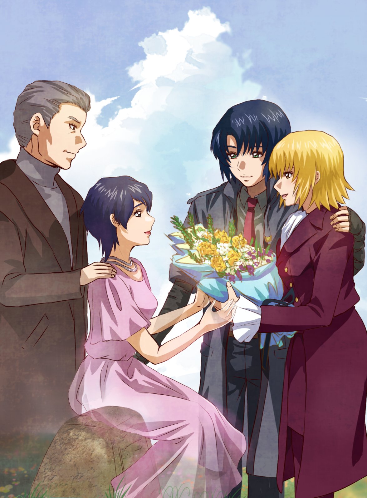 2boys 2girls athrun_zala blonde_hair blue_hair bouquet brown_coat cagalli_yula_athha coat dress father_and_son ghost green_eyes grey_hair grey_jacket gundam gundam_seed gundam_seed_freedom hand_on_another's_shoulder highres holding holding_bouquet husband_and_wife jacket jewelry lenore_zala light_smile mother_and_son multiple_boys multiple_girls necklace oliverb26658072 pant_suit pants patrick_zala pink_dress short_hair sky smile suit tombstone yellow_eyes