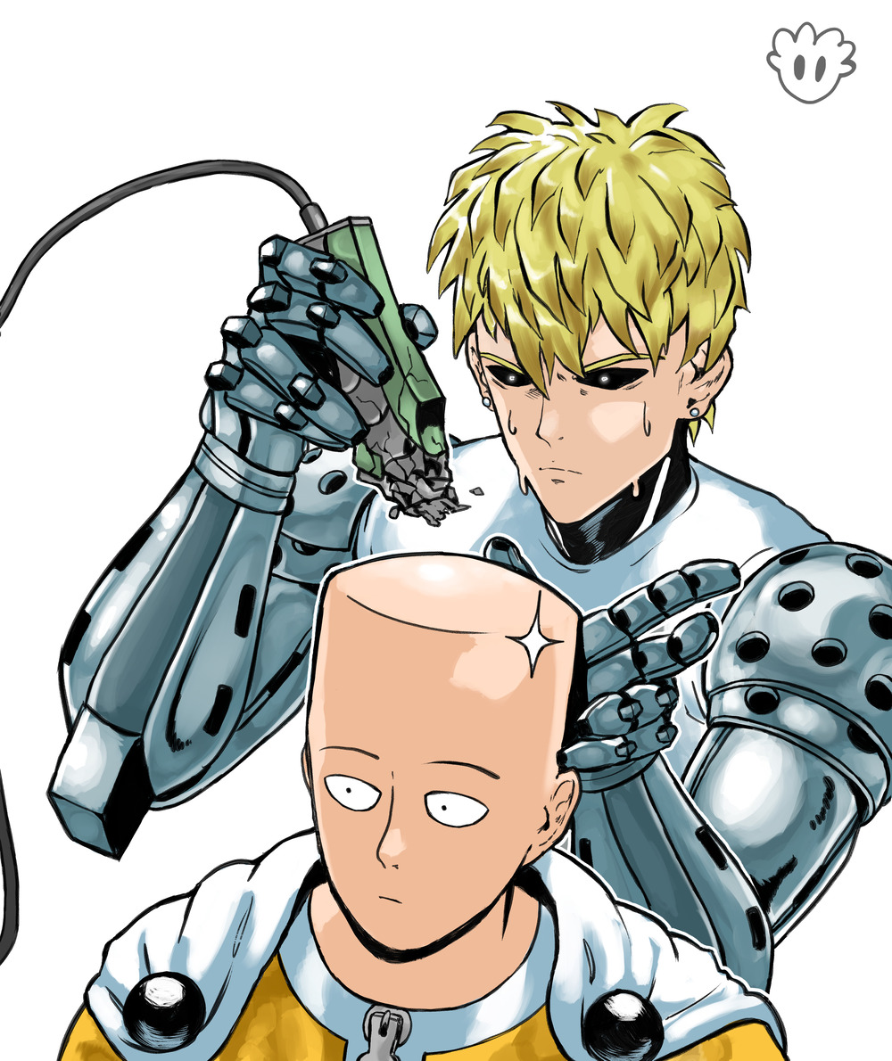 Safebooru - 2boys anatomical nonsense android bald black sclera blonde hair  cape choso giving toudou a haircut (meme) closed mouth colored sclera  commentary devovas earrings electric razor english commentary  expressionless genos jewelry
