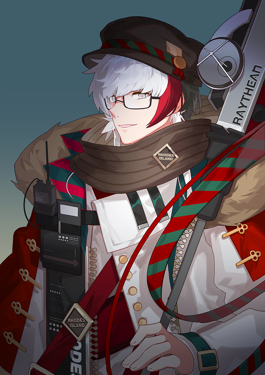 1boy arknights bespectacled black_hair black_headwear blue_background capelet commentary elysium_(arknights) elysium_(snowy_echo)_(arknights) fur-trimmed_jacket fur_trim glasses gradient_background green_scarf grey_eyes hat highres holding holding_polearm holding_weapon jacket looking_at_viewer male_focus multicolored_hair nsi_(2312_0120) official_alternate_costume polearm rectangular_eyewear red_capelet red_scarf redhead scarf smile solo spear striped_clothes striped_scarf upper_body walkie-talkie weapon white_hair white_jacket