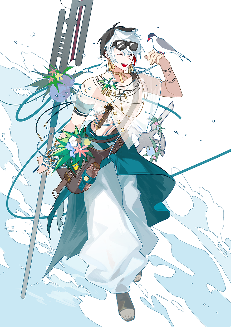 1boy animal_on_hand arknights bag belt bird black_hair blue_flower bottle brown_footwear commentary earrings elysium_(arknights) elysium_(shimmering_dew)_(arknights) eyewear_on_head feather_hair flower full_body grey_eyes hand_up highres holding holding_polearm holding_weapon jewelry looking_at_viewer male_focus multicolored_hair multiple_necklaces necklace nsi_(2312_0120) official_alternate_costume one_eye_closed open_mouth pants pink_flower polearm redhead sandals see-through see-through_shirt simple_background smile solo spear sunglasses toeless_footwear waves weapon white_background white_flower white_hair white_pants