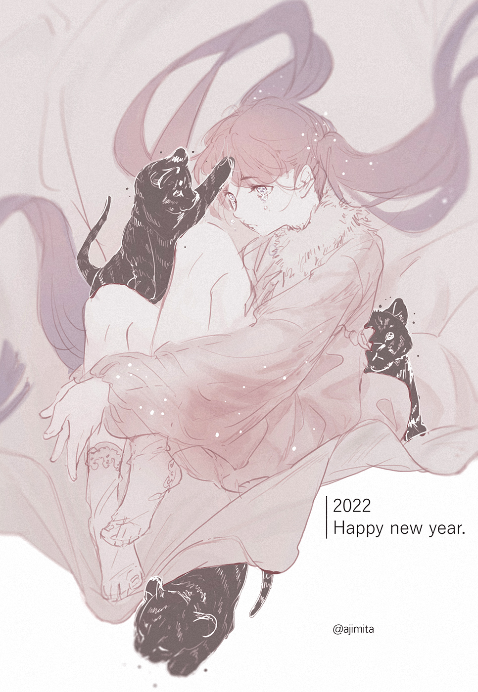 1girl 2022 ajimita blanket blurry chinese_zodiac closed_mouth crying crying_with_eyes_open depth_of_field film_grain fur-trimmed_collar fur_trim grey_eyes happy_new_year headpat highres hugging_own_legs invisible_chair light_particles long_hair long_sleeves original purple_hair see-through_socks shirt sitting sketch socks solo tears tiger twintails twitter_username white_background year_of_the_tiger