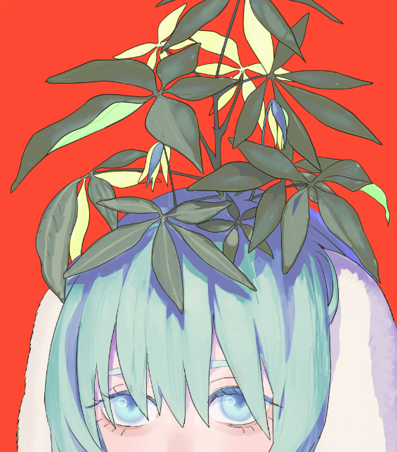 1other animal_ears anry_(rmrnmrm) blue_eyes blue_hair floppy_ears mouth_out_of_frame original plant plant_on_head rabbit_ears red_background simple_background solo