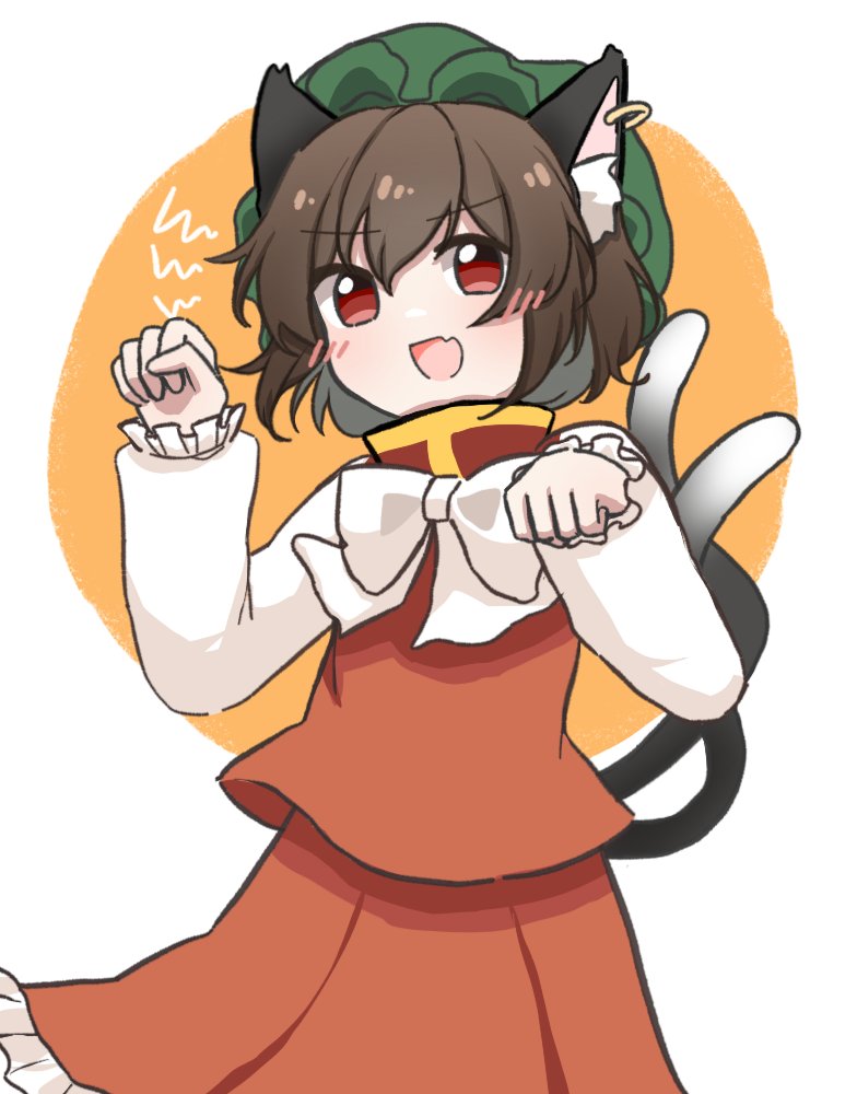 1girl :d animal_ear_fluff animal_ear_piercing animal_ears bow bowtie brown_hair cat_ears cat_tail chen commentary cowboy_shot earrings fang flat_chest green_headwear hands_up hat jewelry long_sleeves looking_at_viewer mob_cap multiple_tails nekomata open_mouth paw_pose puffy_long_sleeves puffy_sleeves qqq red_eyes red_skirt red_vest short_hair simple_background single_earring skin_fang skirt skirt_set smile solo symbol-only_commentary tail touhou two_tails vest white_background white_bow white_bowtie