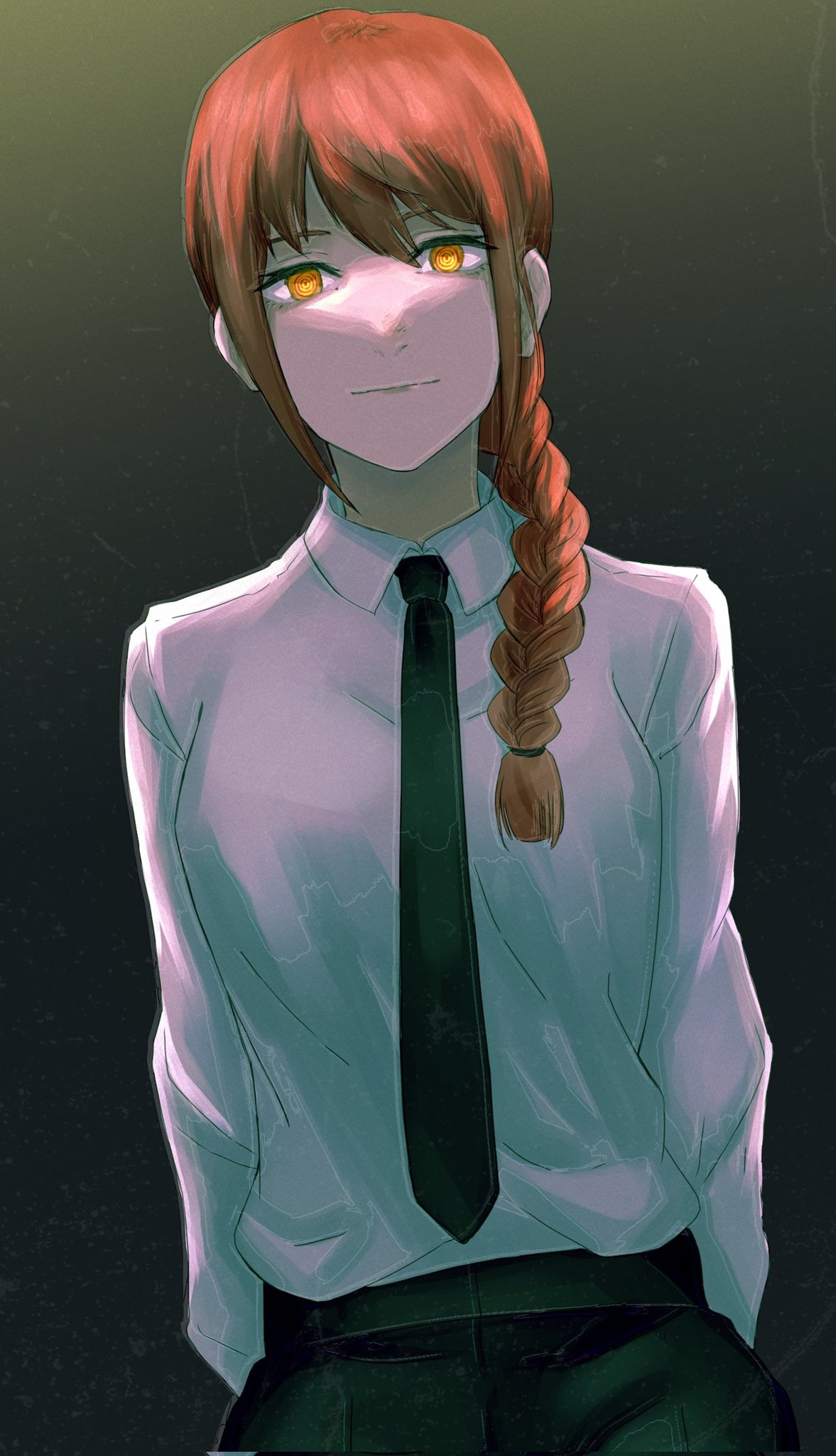 Safebooru - 1girl arms behind back black necktie braid breasts chainsaw man  commentary hair over shoulder highres makima (chainsaw man) medium breasts  necktie orange eyes redhead ringed eyes rinneko art shaded face