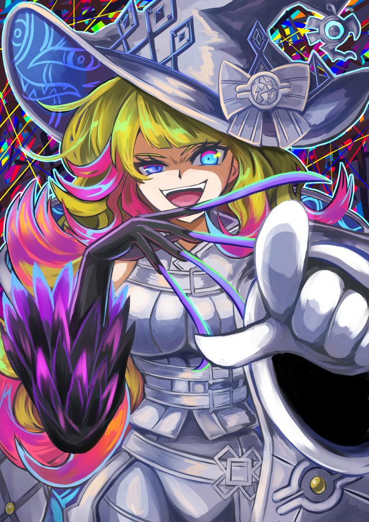 1girl belt blonde_hair blue_eyes breasts colored_tips dashinoya diabellze_of_the_original_sin duel_monster eye_of_horus gesugao gloves hat large_breasts long_hair multicolored_hair open_mouth pointing pointing_at_viewer purple_hair single_sleeve smile solo streaked_hair very_long_fingernails witch_hat yu-gi-oh!