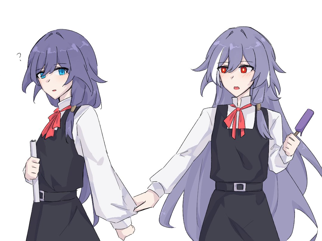 2girls ? alternate_costume black_shirt black_skirt blue_eyes blue_hair bow commentary food fu_hua fu_hua_(herrscher_of_sentience) grey_hair hair_between_eyes hashtag_only_commentary holding holding_food holding_ice_cream holding_popsicle honkai_(series) honkai_impact_3rd ice_cream lienai9 light_blush long_hair long_skirt long_sleeves looking_at_another low-tied_long_hair low_ponytail multicolored_hair multiple_girls open_mouth parted_lips ponytail popsicle red_bow red_eyes school_uniform shirt simple_background skirt sleeveless sleeveless_shirt streaked_hair white_background white_hair white_shirt white_sleeves yellow_pupils
