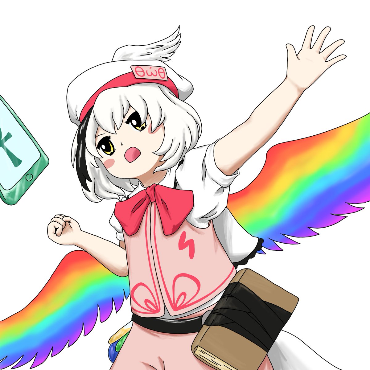 1girl highres hollow_song_of_birds loli multicolored_hair multicolored_wings neck_ribbon pink_shorts pink_vest ribbon short_hair shorts solo torisumi_horou touhou vest wings yellow_eyes