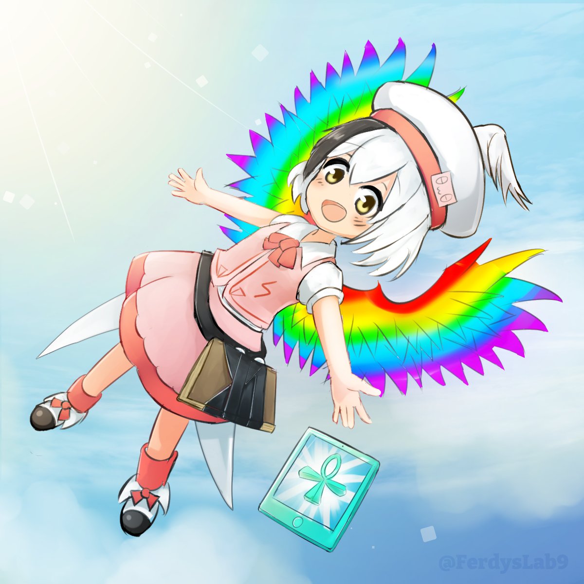 1girl ankh bird_wings blush book ferdy's_lab highres hollow_song_of_birds loli looking_at_viewer multicolored_hair multicolored_wings neck_ribbon pink_shorts pink_vest red_socks ribbon shoes short_hair shorts socks solo torisumi_horou touhou vest wings yellow_eyes