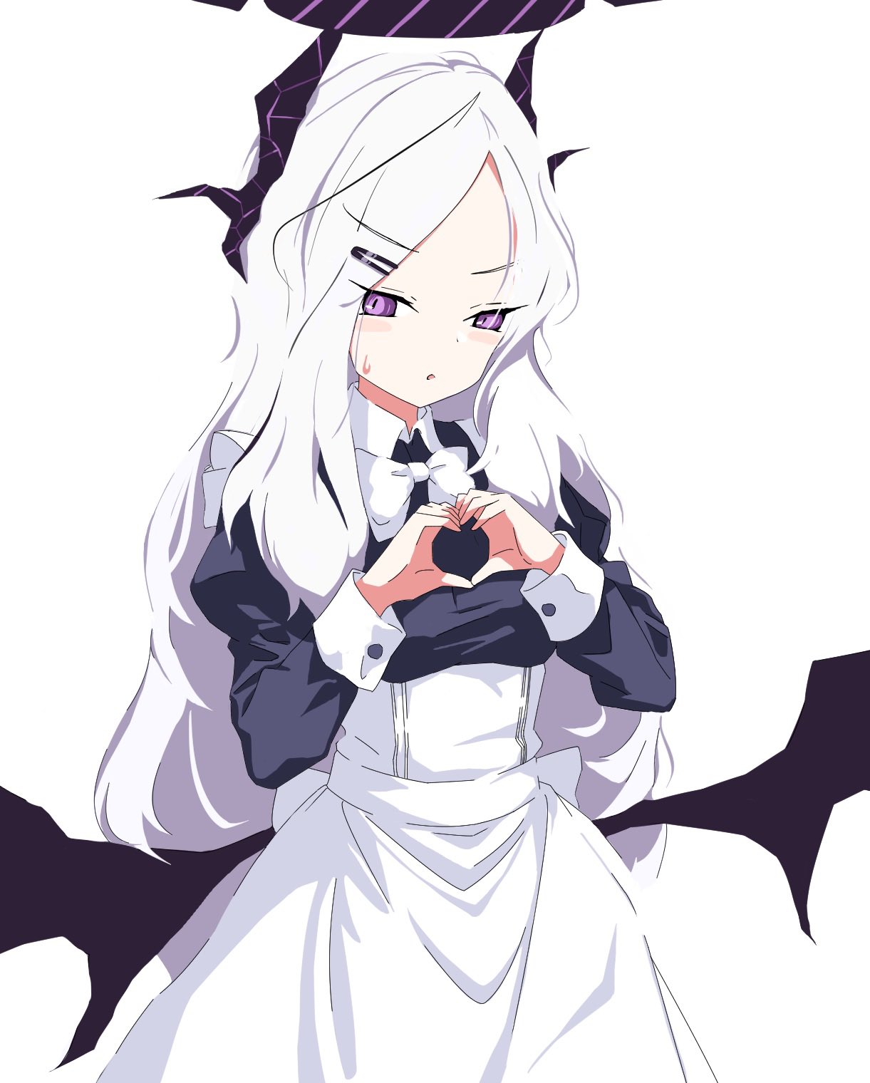 1girl alternate_costume apron black_dress blue_archive bow bowtie commentary cowboy_shot demon_girl demon_horns demon_wings dress hair_ornament hairclip halo heart heart_hands highres hina_(blue_archive) horns juliet_sleeves kusana_(kusana47454281) long_hair long_sleeves looking_at_viewer maid parted_lips puffy_sleeves simple_background solo sweatdrop violet_eyes white_apron white_background white_bow white_bowtie white_hair wings