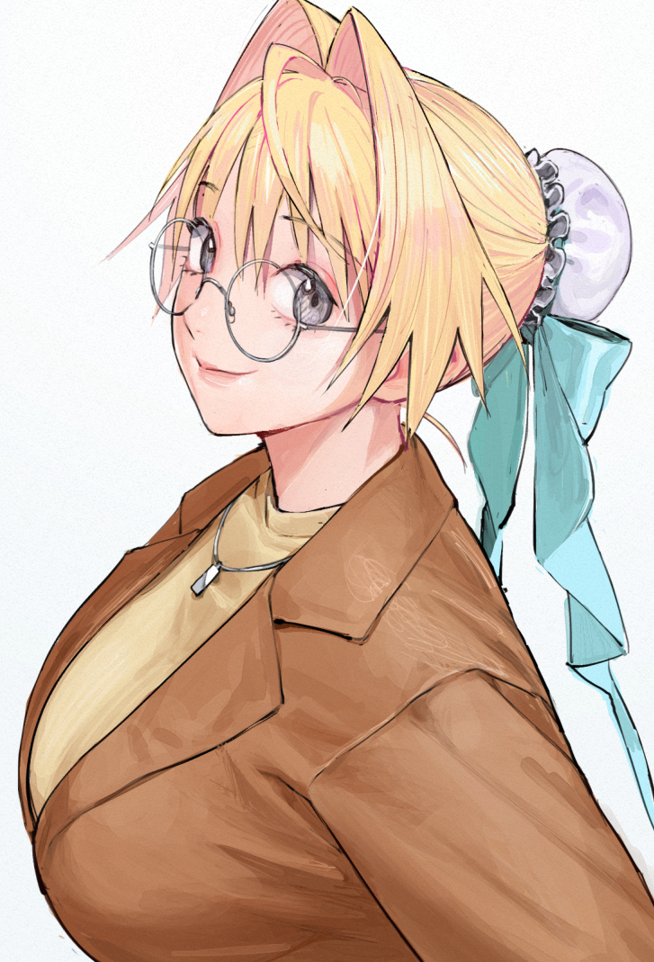 1girl blonde_hair brown_coat closed_mouth coat conto glasses grey_eyes hair_intakes jewelry lips long_hair long_sleeves necklace original round_eyewear shirt simple_background smile solo upper_body white_background yellow_shirt