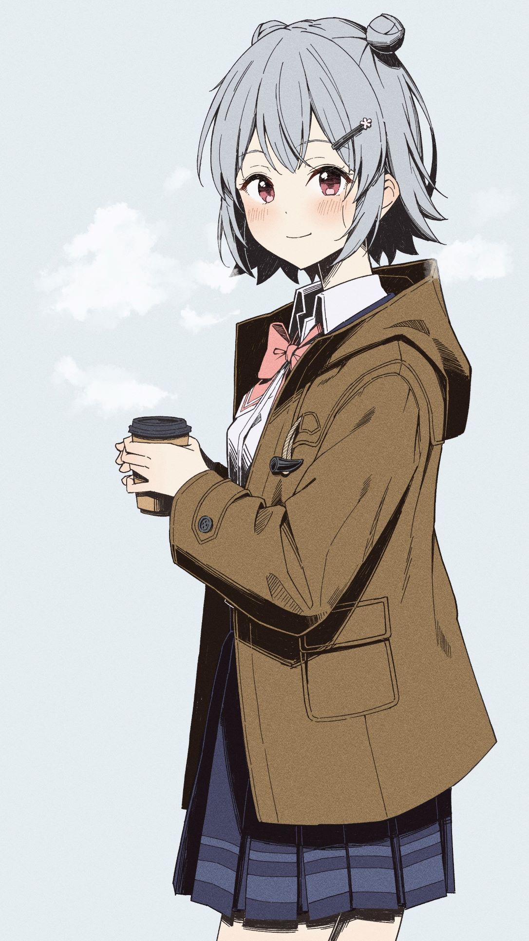 1girl blue_skirt blush bow bowtie breasts brown_jacket cevio closed_mouth coffee_cup collared_shirt cowboy_shot cup disposable_cup dot_nose double_bun grey_background grey_hair hair_bun hair_ornament hairclip highres holding holding_cup jacket koharu_rikka long_sleeves looking_at_viewer minatsuki_(m1natsuk1) pink_bow pink_bowtie pocket red_eyes shirt short_hair simple_background skirt small_breasts smile solo standing steam synthesizer_v white_shirt
