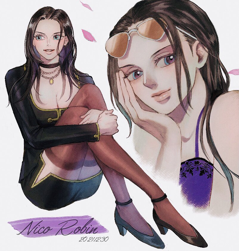 1girl bad_id bad_twitter_id black_dress black_hair blue_eyes character_name choker dated dress eyewear_on_head full_body hand_on_own_cheek hand_on_own_face high_heels jewelry long_hair looking_to_the_side multiple_views necklace nico_robin one_piece petals short_dress sidelocks simple_background sitting sleep_humubo smile thigh-highs white_background