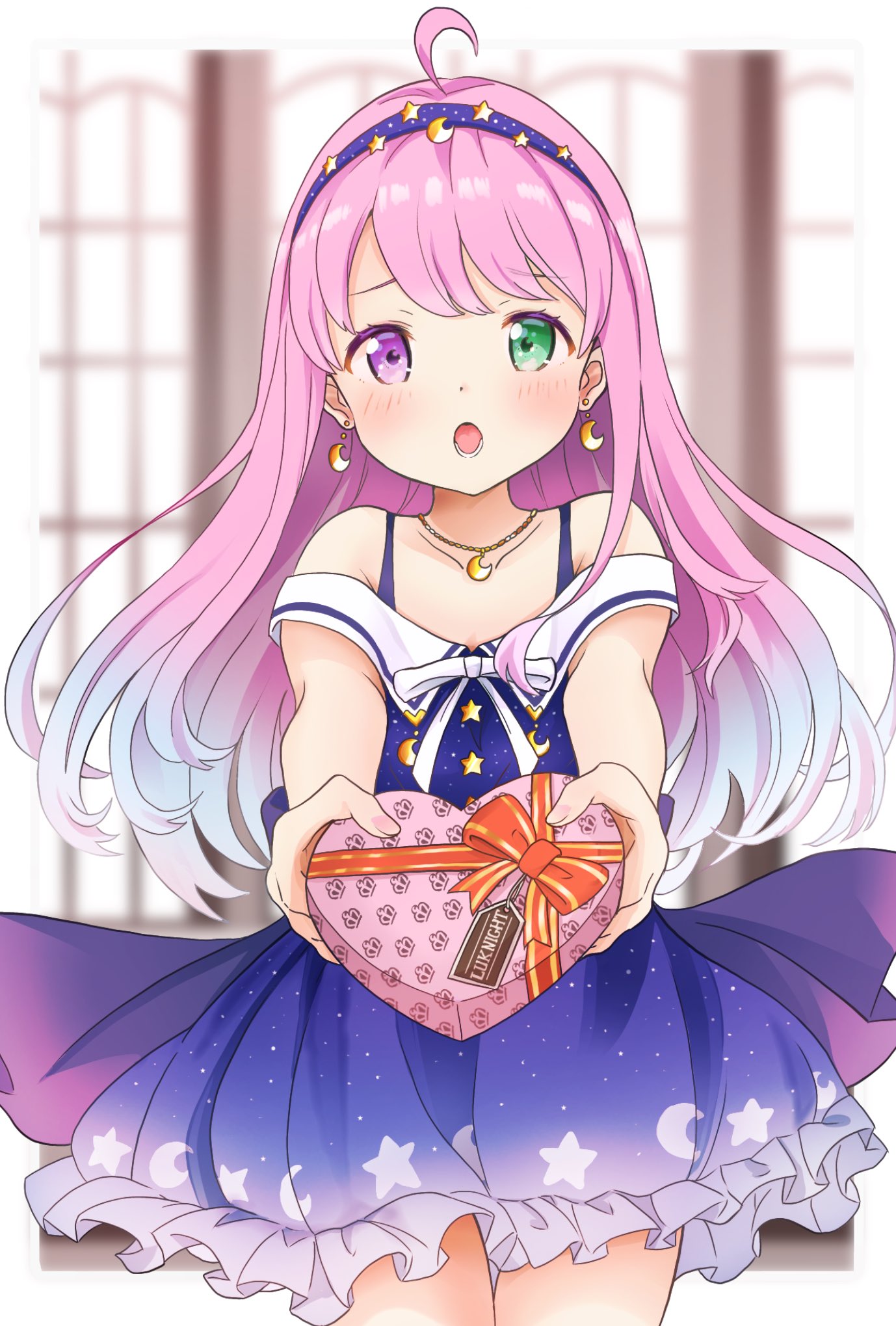 1girl ahoge bare_shoulders blue_dress blue_hairband border box box_of_chocolates crescent crescent_earrings crescent_necklace dress earrings frilled_dress frills gradient_hair green_eyes hairband heart-shaped_box heterochromia highres himemori_luna himemori_luna_(sundress) hololive jewelry light_blush long_hair looking_at_viewer lower_teeth_only multicolored_hair necklace off-shoulder_dress off_shoulder official_alternate_costume open_mouth pink_hair pov short_dress siitake_hat star_(symbol) star_print straight_hair swept_bangs teeth valentine violet_eyes virtual_youtuber white_border