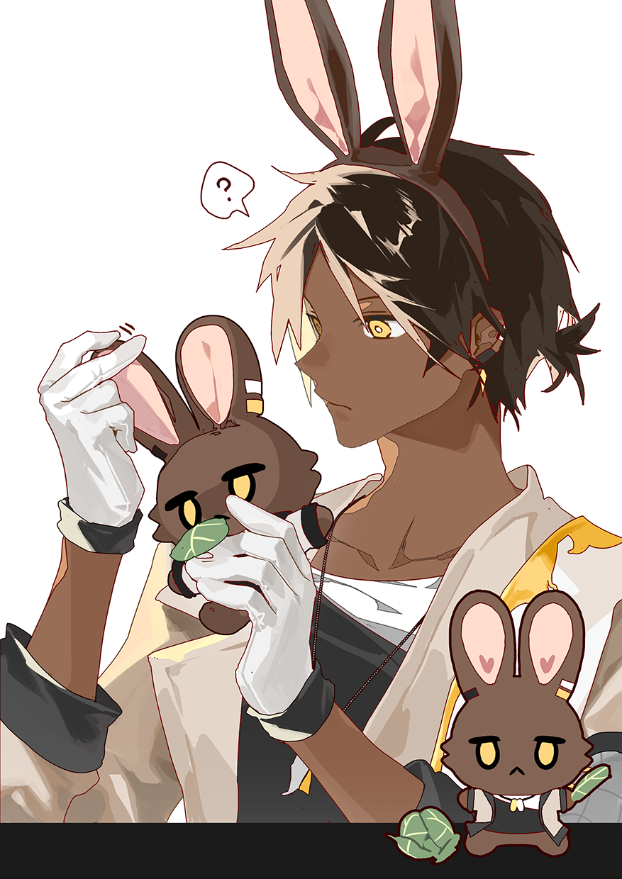 1boy ? animal_ears arknights black_hair black_shirt brown_jacket choshanland_plushy_(arknights) commentary dark-skinned_male dark_skin earrings fake_animal_ears gloves highres holding holding_stuffed_toy jacket jewelry male_focus nsi_(2312_0120) rabbit_ears shirt short_hair short_ponytail simple_background solo spoken_question_mark stuffed_toy table thorns_(arknights) upper_body white_background white_gloves white_shirt yellow_eyes