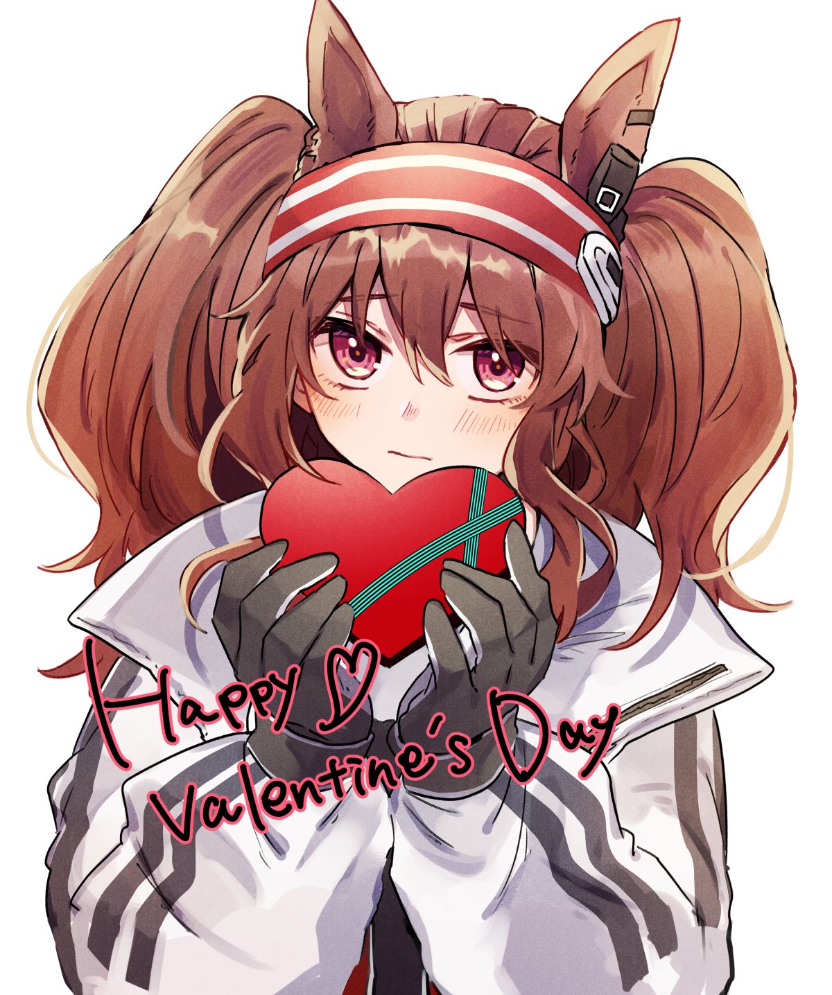 1girl angelina_(arknights) animal_ears arknights black_gloves blush breasts brown_hair candy chocolate food fox_ears gift gloves hairband happy_valentine heart heart-shaped_chocolate highres holding jacket kyouna long_hair long_sleeves looking_at_viewer red_eyes red_hairband shirt simple_background solo twintails white_background