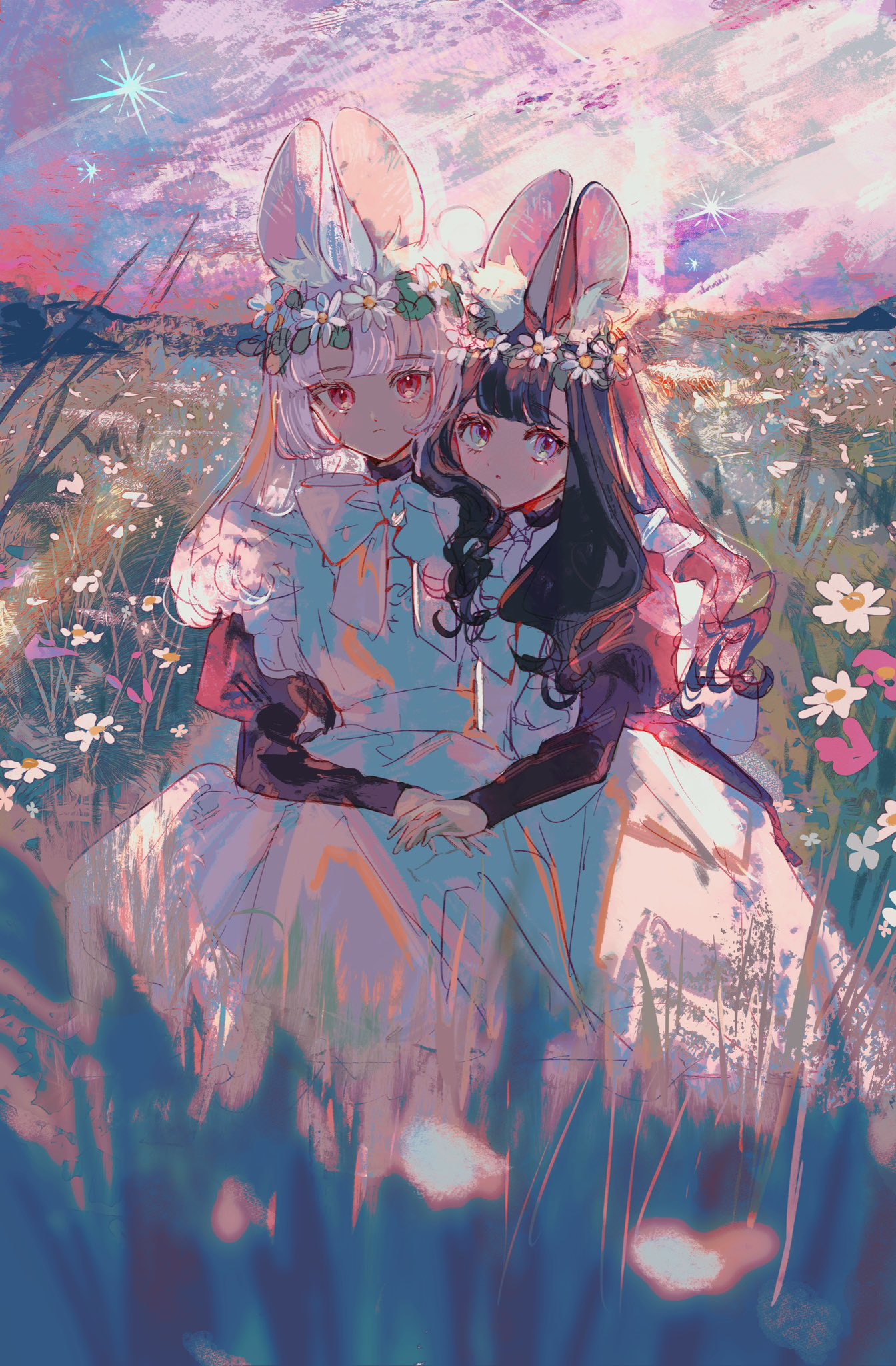 2girls :o animal_ear_fluff animal_ears apron black_dress black_hair blunt_bangs bow bowtie cowboy_shot dress expressionless field flower flower_field flower_wreath frilled_apron frills grass hand_on_hand head_wreath highres jamu_(yakinikuoi4) juliet_sleeves long_hair long_sleeves looking_at_viewer maid multiple_girls original outdoors pink_eyes pink_sky puffy_sleeves rabbit_ears red_eyes sky standing wavy_hair white_apron white_bow white_bowtie white_flower white_hair
