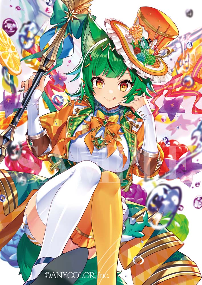 1girl alternate_costume animal_ear_fluff animal_ears asymmetrical_legwear blue_flower blue_footwear bow breasts brown_eyes cat_ears copyright_name cropped_jacket flower food frilled_headwear frills fruit green_bow green_flower green_hair green_skirt hair_ornament hat heart holding holding_staff idol_clothes jacket kitakoji_hisui large_breasts liquid looking_at_viewer murakami_yuichi nijisanji official_alternate_costume official_art open_clothes open_jacket orange_(fruit) orange_bow orange_flower orange_jacket orange_slice orange_thighhighs purple_flower red_bow red_flower rose sample_watermark shark shirt simple_background sitting skirt solo staff thigh-highs tongue top_hat virtual_youtuber watermark white_background white_headwear white_shirt white_thighhighs yellow_bow