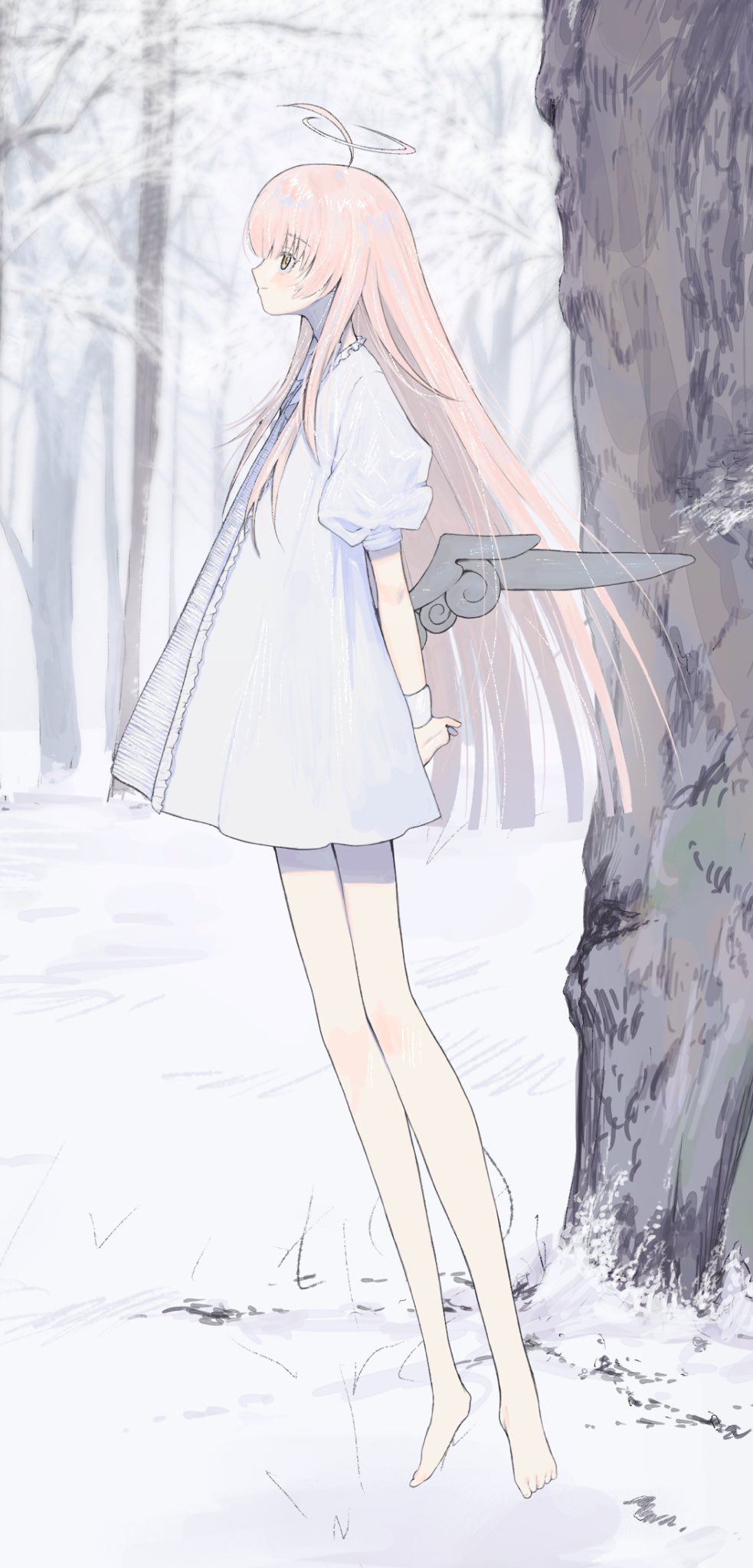 1girl ahoge angel angel_wings barefoot blush dress forest full_body halo highres long_hair low_wings nature original outdoors pink_hair profile smile snow solo tree very_long_hair white_dress wings wrist_cuffs yasumibi_roa yellow_eyes