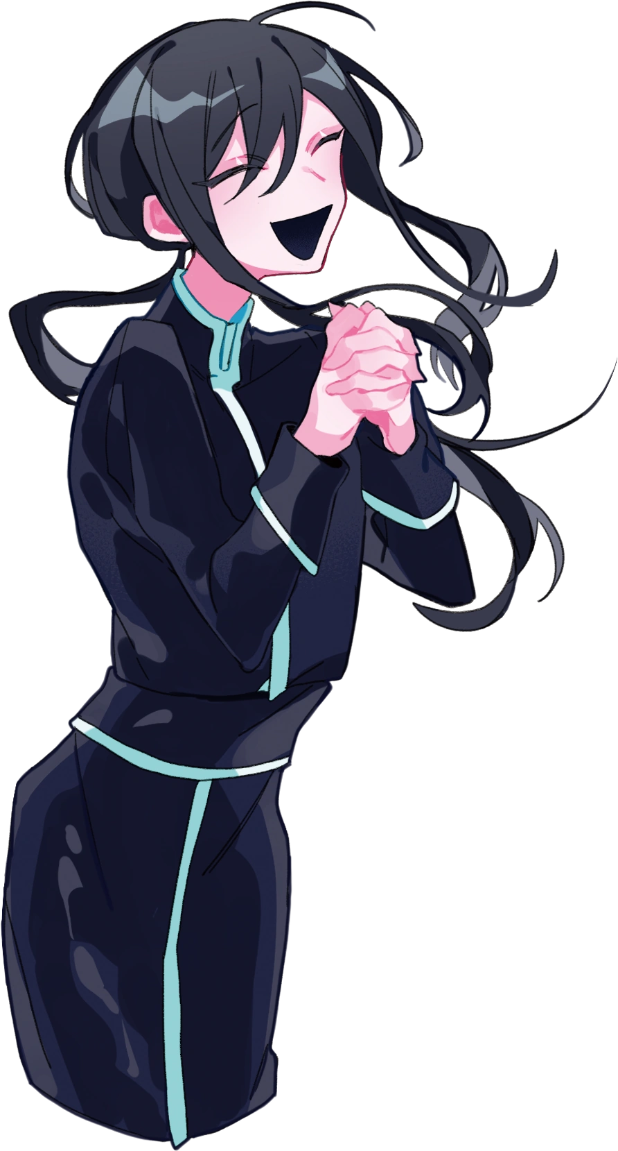 1boy ahoge bad_source black_hair cassock closed_eyes hair_between_eyes highres himanemuitoma long_hair long_sleeves low_ponytail open_mouth orthodoxia_(vocaloid) own_hands_together ponytail praying smile tadashi_kunai transparent_background turtleneck vocaloid
