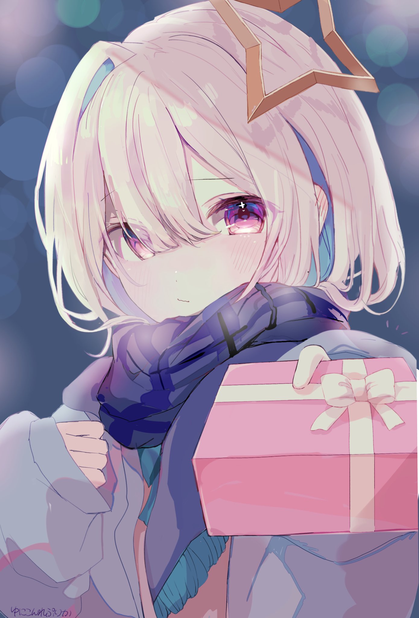 1girl amane_kanata artist_name blue_background blue_hair blue_scarf blurry blush bob_cut bokeh box box_of_chocolates chocolate closed_mouth coat curled_fingers depth_of_field enpera food gift gift_box grey_coat hair_over_one_eye halo highres holding holding_chocolate holding_food holding_gift incoming_gift long_sleeves looking_at_viewer multicolored_hair notice_lines plaid plaid_scarf raised_eyebrow replicayunikorn scarf short_hair signature single_hair_intake solo star_halo streaked_hair two-tone_hair upper_body valentine violet_eyes virtual_youtuber white_hair