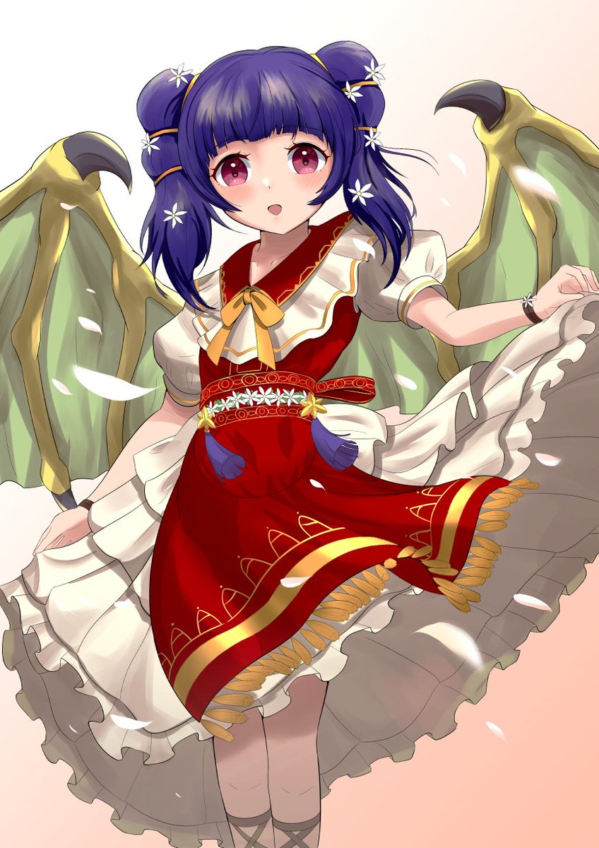 1girl :d bad_dobbyyyyy blunt_bangs dragon_wings dress fire_emblem fire_emblem:_the_sacred_stones fire_emblem_heroes flower hair_flower hair_ornament highres layered_dress looking_at_viewer myrrh_(fire_emblem) myrrh_(valentine)_(fire_emblem) official_alternate_costume open_mouth puffy_short_sleeves puffy_sleeves purple_hair red_dress red_eyes short_sleeves skirt_hold smile solo twintails white_dress wings