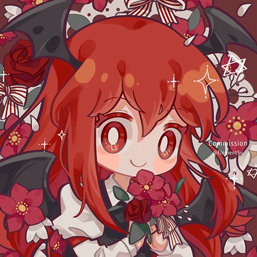 1girl arm_garter black_dress bright_pupils closed_mouth commission demon_wings dress flower head_wings holding holding_flower koakuma long_hair long_sleeves looking_at_viewer red_eyes red_flower red_rose redhead ribbon rose shirt smile solo sparkle striped_ribbon suelement touhou twitter_username upper_body white_pupils white_shirt wings
