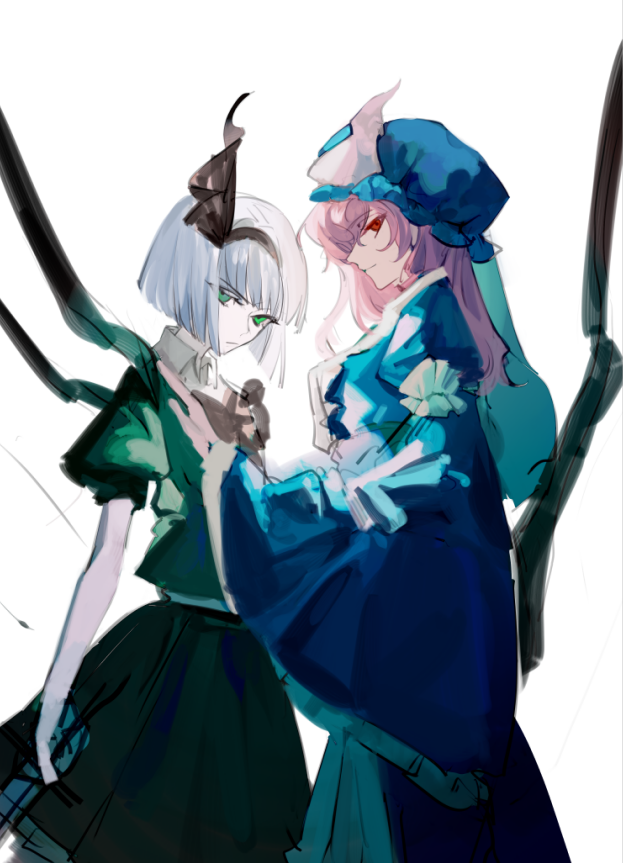 2girls black_hairband black_ribbon blue_dress blue_headwear chinese_commentary closed_mouth collared_shirt commentary_request dress green_eyes green_shirt green_skirt hairband hat konpaku_youmu long_hair long_sleeves mob_cap multiple_girls pink_hair puffy_short_sleeves puffy_sleeves red_eyes ribbon saigyouji_yuyuko shirt short_hair short_sleeves simple_background skirt touhou triangular_headpiece white_background white_hair wide_sleeves xian_qishui