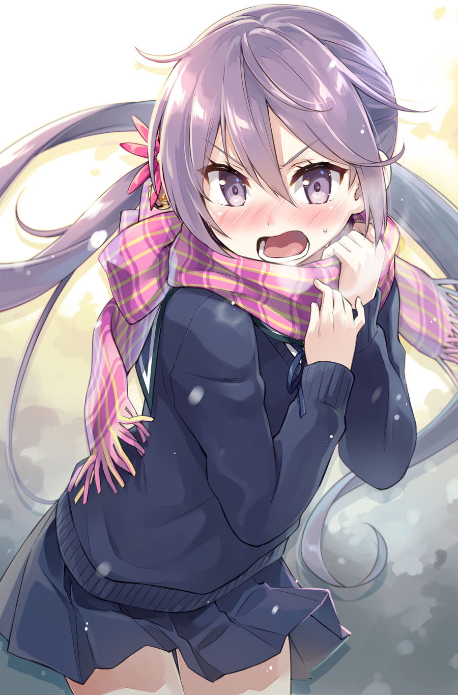 1girl :o akebono_(kancolle) bell blush breath commentary_request eretto flower hair_bell hair_flower hair_ornament highres jingle_bell kantai_collection long_hair looking_at_viewer nose_blush open_mouth photoshop_(medium) pink_scarf plaid plaid_scarf purple_hair scarf side_ponytail skirt solo sweater teeth tongue v-shaped_eyebrows very_long_hair violet_eyes