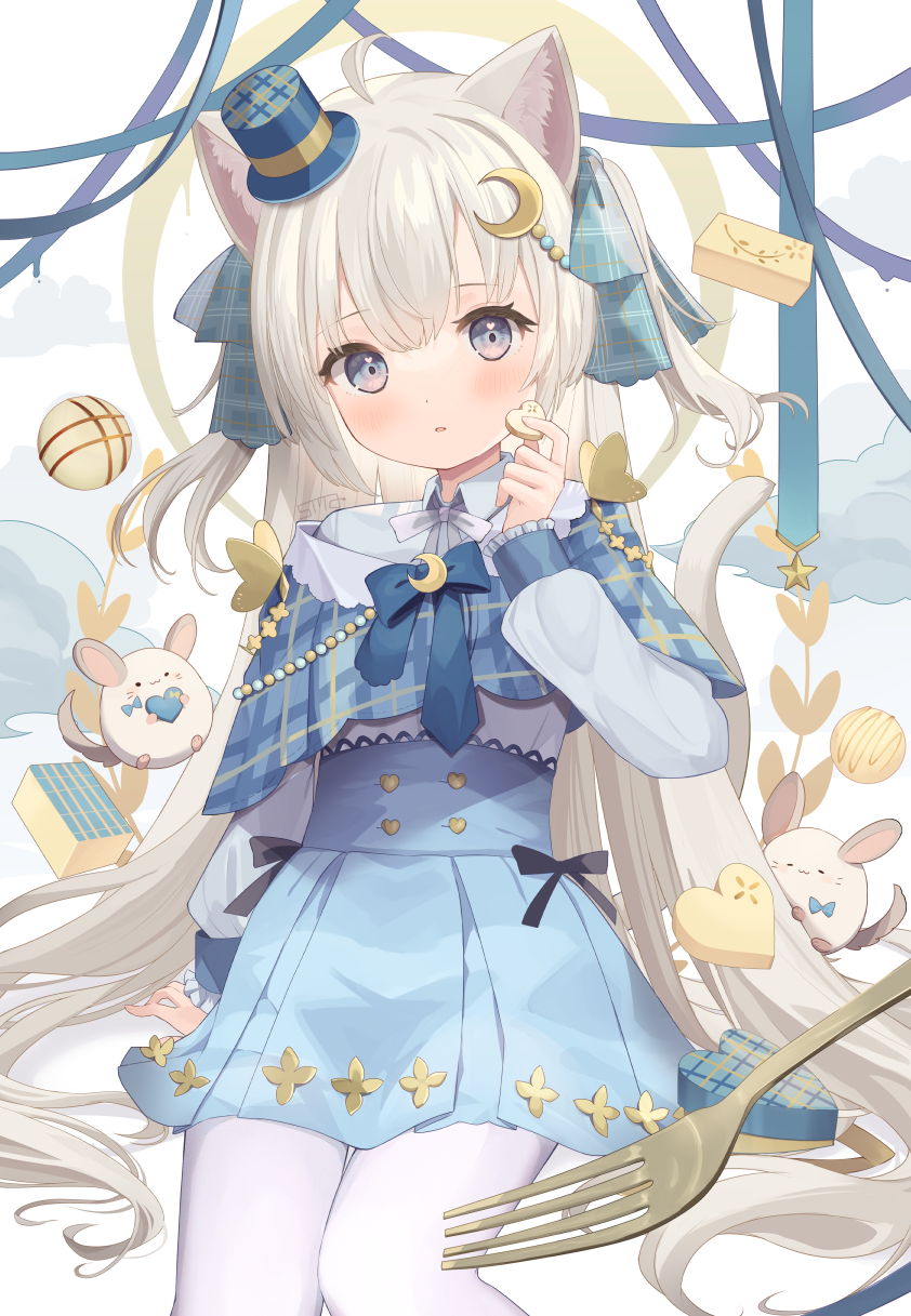 1girl ahoge animal_ears aqua_ribbon arm_support beads black_bow blue_corset blue_dress blue_headwear blue_ribbon bow buttons candy cat_ears chocolate clouds corset crescent crescent_hair_ornament dress dress_bow expressionless floating floating_object food fork goma_(u_p) grey_eyes hair_beads hair_ornament hair_ribbon halo hand_up hat heart heart-shaped_chocolate heart_button heart_in_eye highres holding holding_chocolate holding_food light_blush long_hair looking_at_viewer mini_hat mini_top_hat original pantyhose parted_lips plaid plaid_capelet plaid_ribbon purple_ribbon ribbon signature sitting solo symbol_in_eye top_hat white_background white_chocolate white_hair white_pantyhose