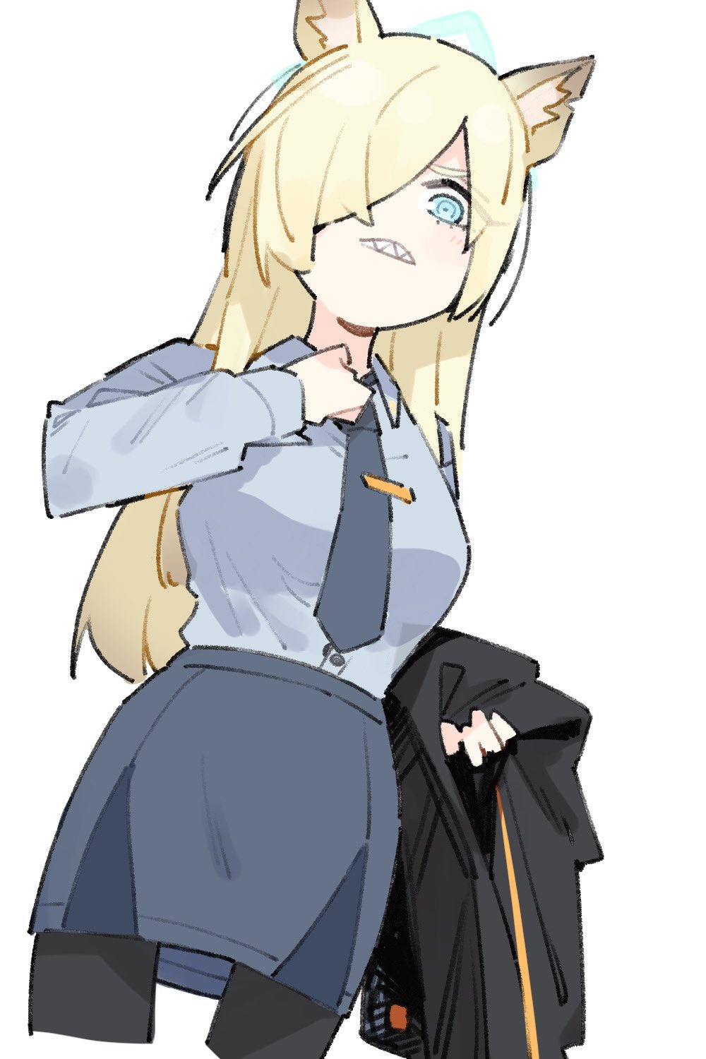 1girl adjusting_clothes adjusting_necktie animal_ear_fluff animal_ears black_pantyhose blonde_hair blue_archive blue_eyes blue_shirt blue_skirt breasts clenched_teeth collared_shirt cropped_legs dog_ears hair_over_one_eye halo highres holding holding_clothes holding_jacket jacket kamo_(kamonabe_44) kanna_(blue_archive) long_hair long_sleeves looking_at_viewer medium_breasts necktie notched_ear pantyhose pencil_skirt sharp_teeth shirt shirt_tucked_in simple_background skirt solo teeth white_background