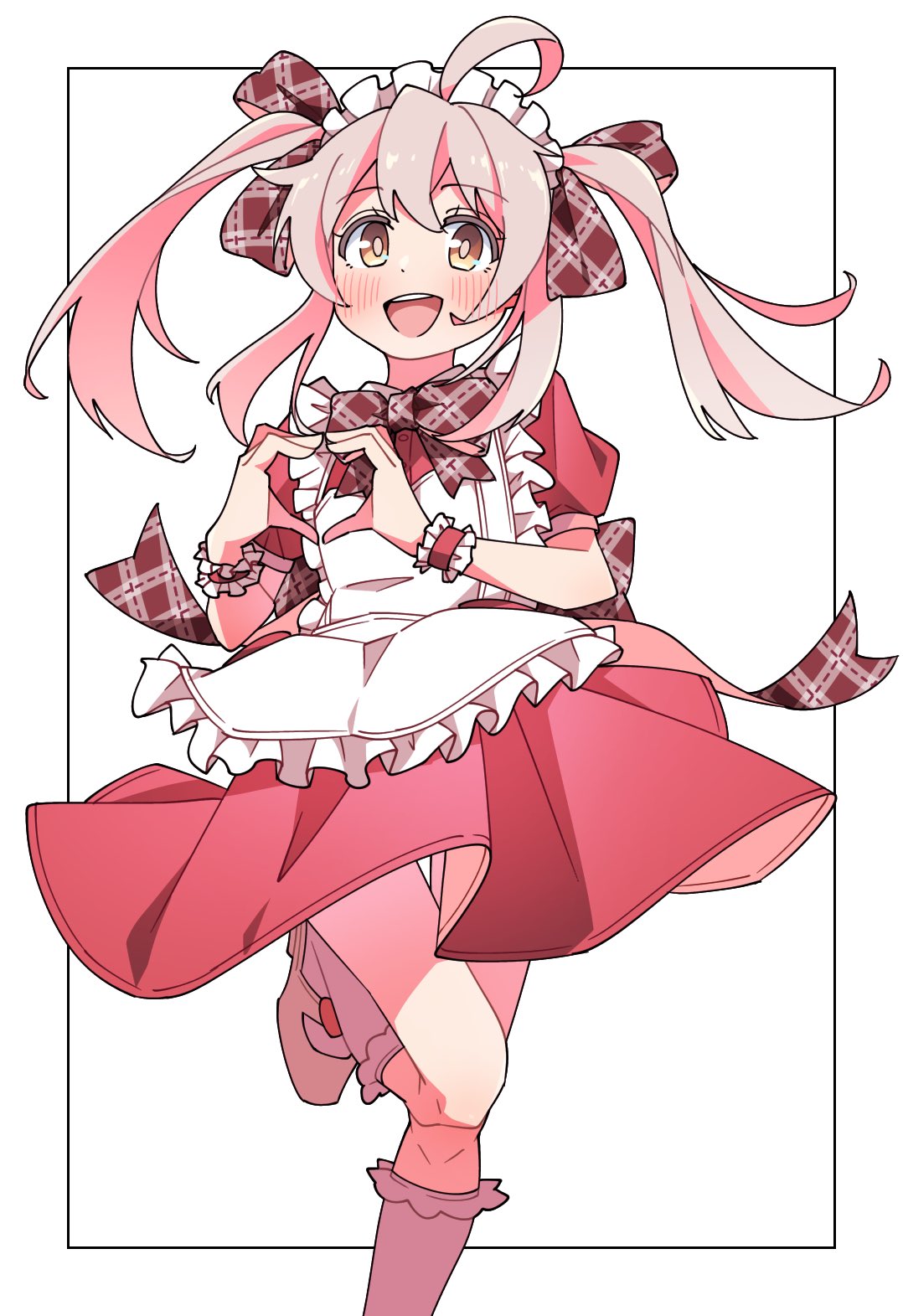 1girl :d ahoge alternate_costume apron blush bow bowtie commentary dress enmaided foot_out_of_frame frilled_apron frills genderswap genderswap_(mtf) hair_between_eyes heart heart_hands highres kneehighs light_blush long_hair looking_at_viewer maid maid_headdress onii-chan_wa_oshimai! open_mouth orange_eyes oyama_mahiro pink_hair plaid plaid_bow plaid_bowtie plaid_ribbon ribbon short_sleeves simple_background smile socks solo standing standing_on_one_leg thigh_gap twintails two-sided_dress two-sided_fabric valentine wawawanian white_background wrist_cuffs