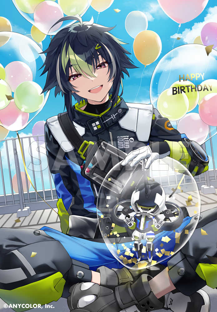 1boy :d ahoge balcony black_hair black_jacket black_pants clouds confetti copyright_name crossed_legs full_body gloves green_hair hair_ornament hairclip happy_birthday jacket looking_at_viewer male_focus multicolored_clothes multicolored_hair nijisanji official_art pants potti-p sky smile solo streaked_hair teeth two-tone_hair upper_teeth_only violet_eyes virtual_youtuber