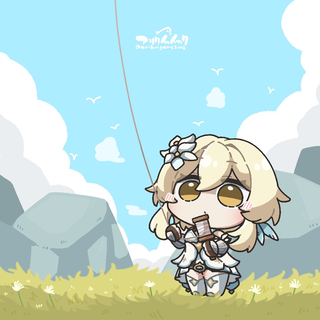 1girl :o arikuigames1105 arm_guards artist_name bird black_gloves blonde_hair blue_sky blush boots chibi closed_mouth clouds commentary_request day dress feather_hair_ornament feathers fingerless_gloves flower genshin_impact gloves grass hair_between_eyes hair_flower hair_ornament kite kite_flying lumine_(genshin_impact) outdoors rock short_hair short_hair_with_long_locks sidelocks sky sleeveless sleeveless_dress solo standing thigh_boots twitter_username white_dress white_flower white_footwear yellow_eyes