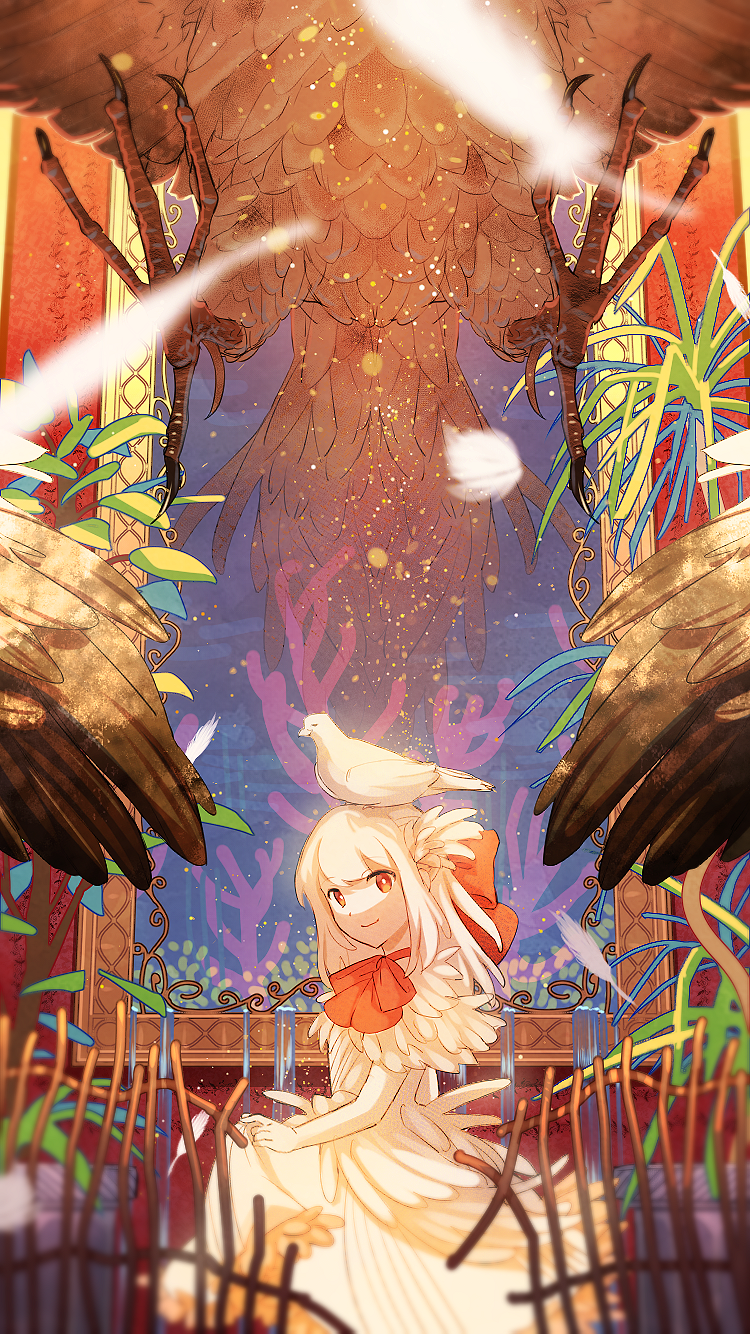 1girl animal animal_on_head bird bird_on_head bow coral dress feathers hair_bow highres long_hair looking_at_viewer mkt_ocha on_head original painting_(object) picture_frame red_eyes skirt_hold smile solo water white_hair