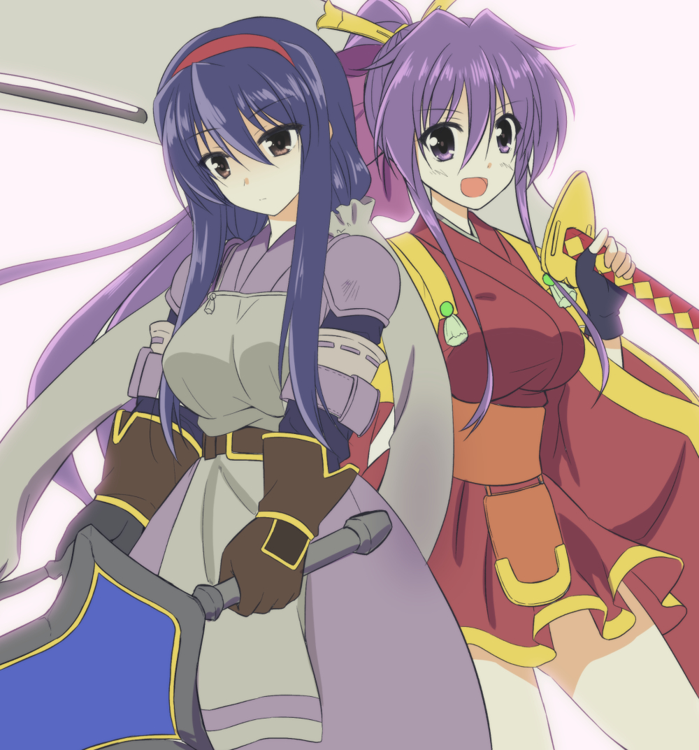 2girls anastasia_valeria belt blue_hair bow breasts closed_mouth crossover dancing_blade dress endori gloves hair_ornament hair_ribbon hairband huge_bow huge_weapon long_hair looking_at_viewer momohime_(dancing_blade) multiple_girls open_mouth ponytail purple_hair red_hairband ribbon sidelocks simple_background skirt smile standing sword transparent_background twintails very_long_hair violet_eyes weapon white_background wild_arms wild_arms_2