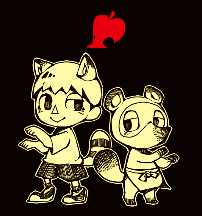 2boys :&gt; animal_crossing animal_ears ankle_socks apron black_background closed_mouth furry furry_male greyscale half-closed_eye kemonomimi_mode leaf looking_at_another male_focus monochrome multiple_boys outline paw_pose raccoon_boy raccoon_ears raccoon_tail shirt shoes short_hair short_sleeves shorts simple_background smile sneakers socks spot_color super_mario_bros. super_smash_bros. t-shirt tail teijiro tom_nook_(animal_crossing) triangle_nose villager_(animal_crossing) waist_apron white_outline