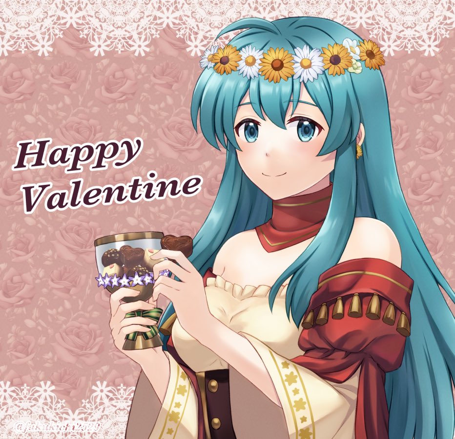 1girl aqua_eyes aqua_hair bare_shoulders candy chocolate closed_mouth commentary_request cup dress earrings eirika_(fire_emblem) eirika_(valentine)_(fire_emblem) fire_emblem fire_emblem:_the_sacred_stones fire_emblem_heroes floral_background flower flower_earrings food fukukichi2529 hair_flower hair_ornament happy_valentine heart heart-shaped_chocolate holding holding_chocolate holding_cup holding_food jewelry long_hair long_sleeves looking_at_viewer off-shoulder_dress off_shoulder sidelocks smile solo upper_body wide_sleeves