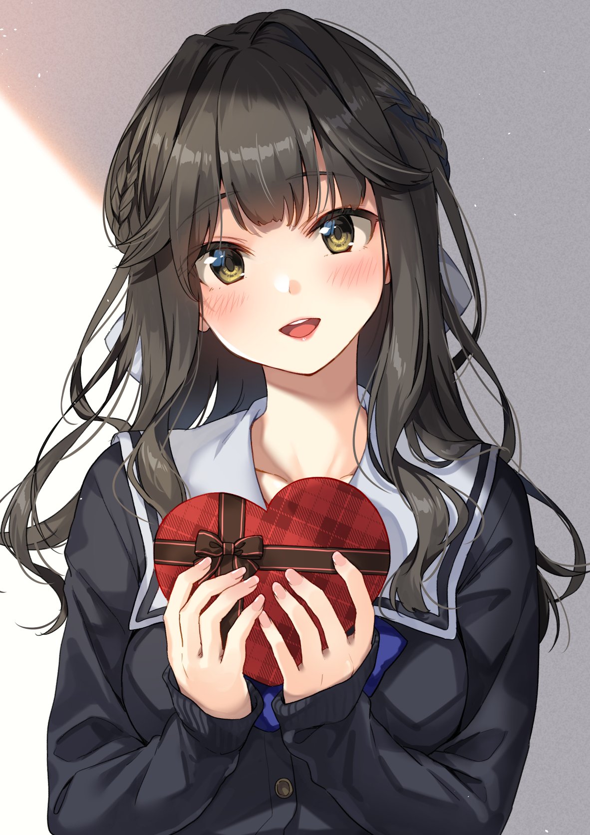 1girl black_hair black_shirt blush box braid collared_shirt commentary_request gift gift_box heart-shaped_box highres holding holding_gift long_hair long_sleeves looking_at_viewer original parted_lips sailor_collar school_uniform shirt side_braid sidelighting sleeves_past_wrists solo teeth unasaka_ryou upper_body upper_teeth_only white_sailor_collar yellow_eyes