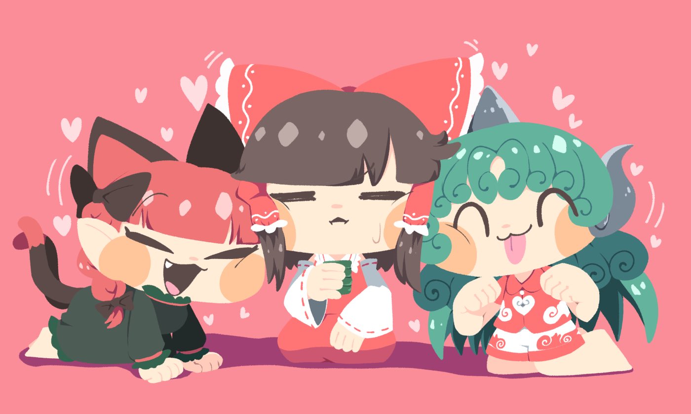 3girls :3 ^_^ animal_ears barefoot bow braid brown_hair cat_ears cat_girl cat_tail cheek-to-cheek chibi chibi_only closed_eyes cup detached_sleeves dress extra_ears green_dress green_hair hair_bow hair_tubes hakurei_reimu heads_together heart holding holding_cup horns kaenbyou_rin kariyushi_shirt kneeling komano_aunn long_hair long_sleeves multiple_girls multiple_tails open_mouth paw_pose pink_background pointy_ears red_bow red_skirt red_vest redhead seiza shinsei_tomato shorts simple_background single_horn sitting skirt smile sweat tail tail_raised tongue tongue_out touhou two_tails vest white_sleeves wide_sleeves yunomi