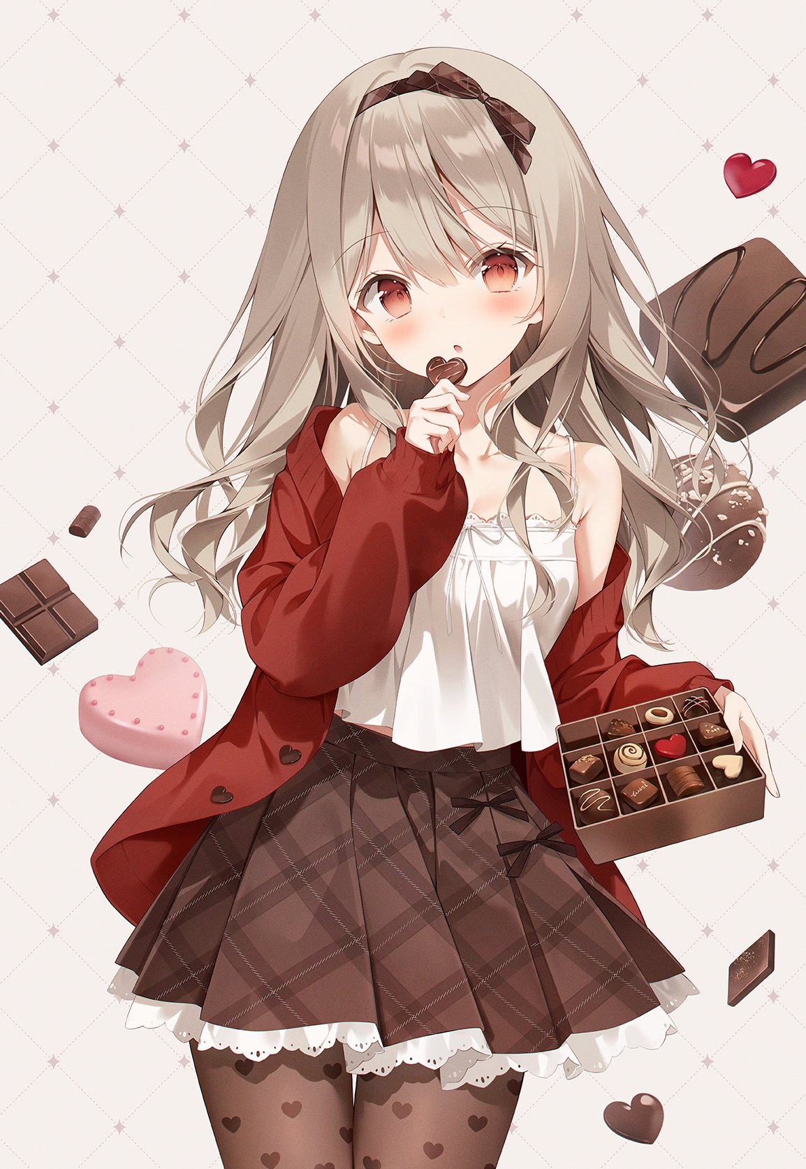 1girl bare_shoulders black_hairband box box_of_chocolates brown_pantyhose brown_skirt candy chestnut_mouth chocolate commentary food hairband hand_up heart heart-shaped_box heart-shaped_chocolate heart_print highres holding holding_box holding_chocolate holding_food jacket light_brown_hair long_hair looking_at_viewer off_shoulder open_clothes open_jacket original pantyhose parted_lips red_eyes red_jacket skirt solo standing striped_clothes striped_skirt symbol-only_commentary weri