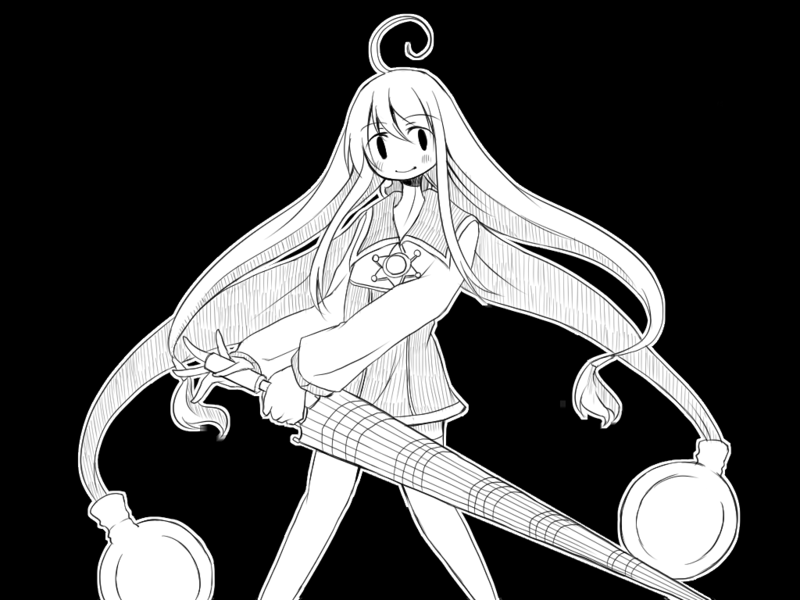 1girl ahoge blush closed_mouth coat dress greyscale hair_ornament lilka_eleniak long_hair looking_at_viewer low-tied_long_hair monochrome sidelocks simple_background skirt smile smison solo thigh-highs twintails umbrella wild_arms wild_arms_2