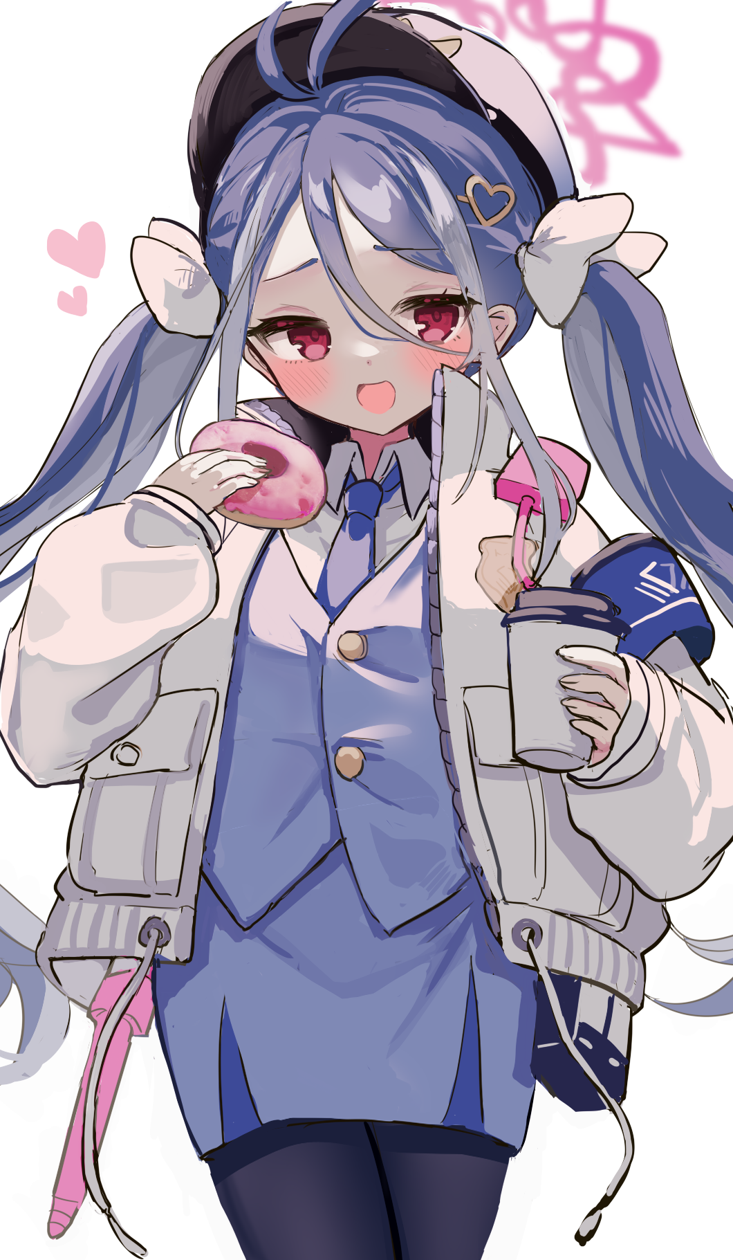 1girl antenna_hair black_pantyhose blue_archive blue_hair blue_necktie blue_skirt blue_vest coffee_cup collared_shirt cowboy_shot cup disposable_cup doughnut food fubuki_(blue_archive) hair_between_eyes hair_ornament hairclip halo heart heart_hair_ornament highres holding holding_cup holding_doughnut jacket karunabaru long_sleeves miniskirt multicolored_hair neck_ribbon necktie open_mouth pantyhose pencil_skirt pink_halo police police_uniform policewoman puffy_long_sleeves puffy_sleeves red_eyes ribbon shirt simple_background skirt solo streaked_hair twintails two-tone_hair uniform vest waistcoat white_background white_hair white_jacket white_ribbon white_shirt