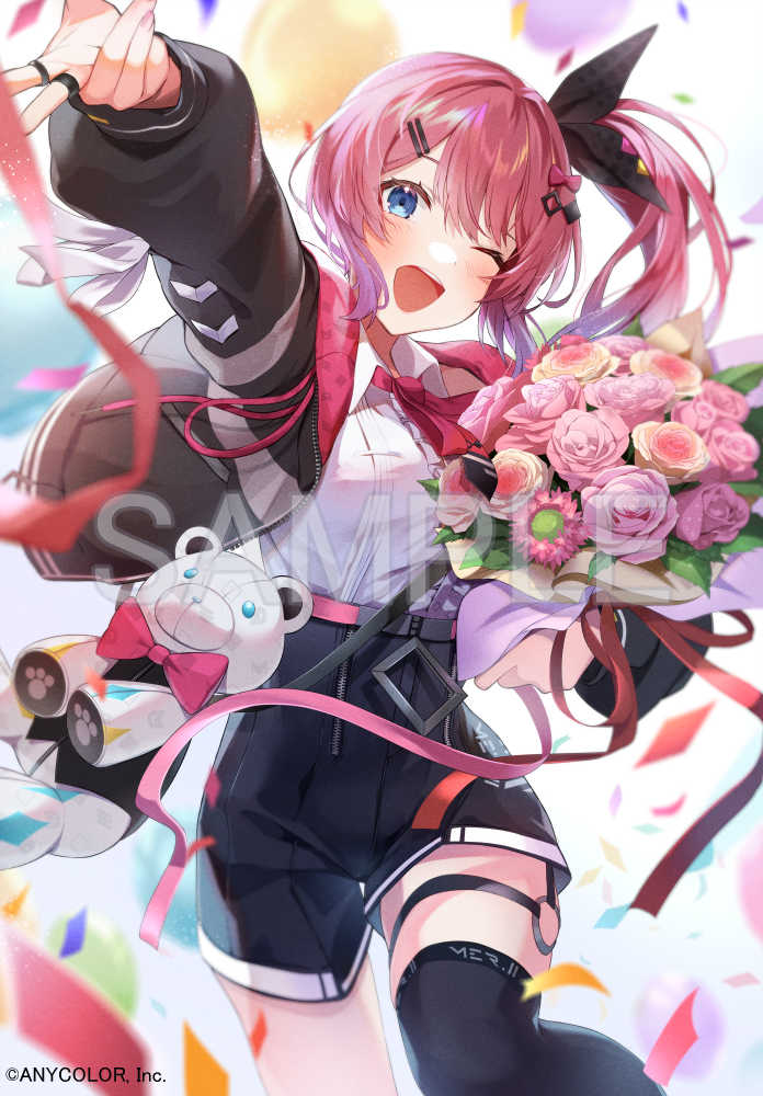 1girl ;d alicecoco asymmetrical_legwear balloon black_jacket black_shorts black_thighhighs blouse blue_eyes blush bouquet bow breasts collared_shirt confetti copyright_name cropped_jacket dot_nose flower gradient_hair holding holding_bouquet jacket kuramochi_meruto kuramochi_meruto_(1st_costume) medium_breasts medium_hair multicolored_hair nijisanji o-ring o-ring_thigh_strap official_art one_eye_closed open_clothes open_jacket open_mouth outstretched_arm pink_bow pink_flower pink_hair purple_hair rose sample_watermark shirt shorts single_thighhigh sleeveless sleeveless_shirt smile solo streamers stuffed_animal stuffed_toy teddy_bear teeth thigh-highs thigh_strap tongue virtual_youtuber watermark white_shirt
