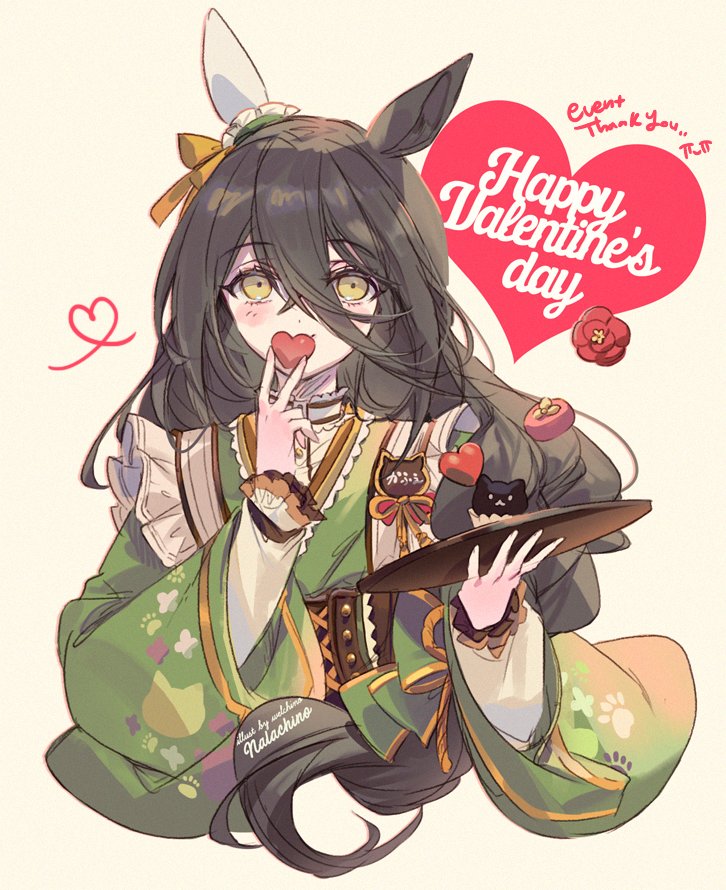 1girl black_hair blush candy chocolate closed_mouth covering_own_mouth cropped_torso english_text flat_chest food green_kimono hair_between_eyes happy_valentine heart heart-shaped_chocolate holding holding_tray japanese_clothes kimono long_hair long_sleeves looking_at_viewer manhattan_cafe_(umamusume) manhattan_cafe_(verdant_night)_(umamusume) name_tag shirt signature smile solo tray umamusume upper_body welchino white_shirt wide_sleeves yellow_background yellow_eyes