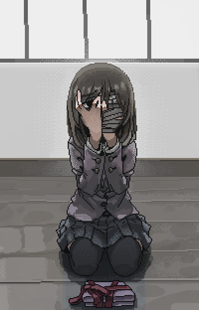 1girl bandaged_hand bandages black_eyes black_thighhighs blazer box brown_hair covering_face dithering full_body gift gift_box grey_jacket grey_skirt hamsterfragment hands_on_own_face hands_up indoors jacket jaggy_lines long_sleeves looking_at_viewer medium_hair original peeking_through_fingers pleated_skirt school_uniform seiza sitting skirt solo suicidal_girl_(hamsterfragment) thigh-highs wooden_floor